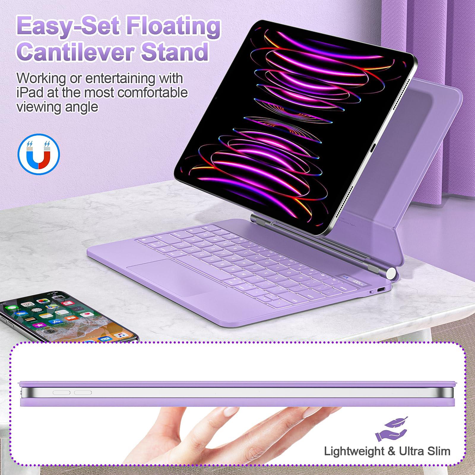 GOOJODOQ GOOJODOQ Magnetic Keyboard for iPad Air 11-inch (M2) 2024 & iPad Pro 11 inch (4th/3rd/2nd/1st) Gen 2022,iPad Air 5th/4th Gen 10.9\",Click-Anywhere Trackpad with 7 Color Backlit Floating Keyboard-Purple