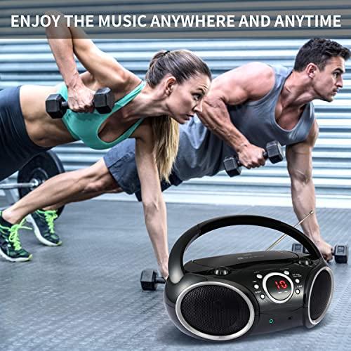 SINGING WOOD SINGING WOOD 030C Portable CD Player Boombox AM FM Analog Tuning Radio, Aux Line in, Headphone Jack, Foldable Carrying Handle (Black with a Touch of Grey Rims)