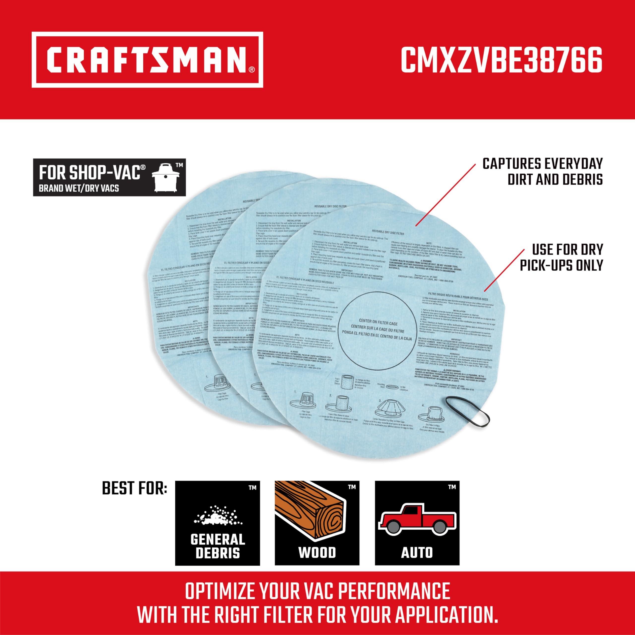 Craftsman CRAFTSMAN CMXZVBE38766 Dry Filters with Retaining Band Wet Dry Vac Replacement Vacuum Filter, Reusable Dry Only Filters for Most Shop Vac Branded Shop Vacuums, 3-Pack