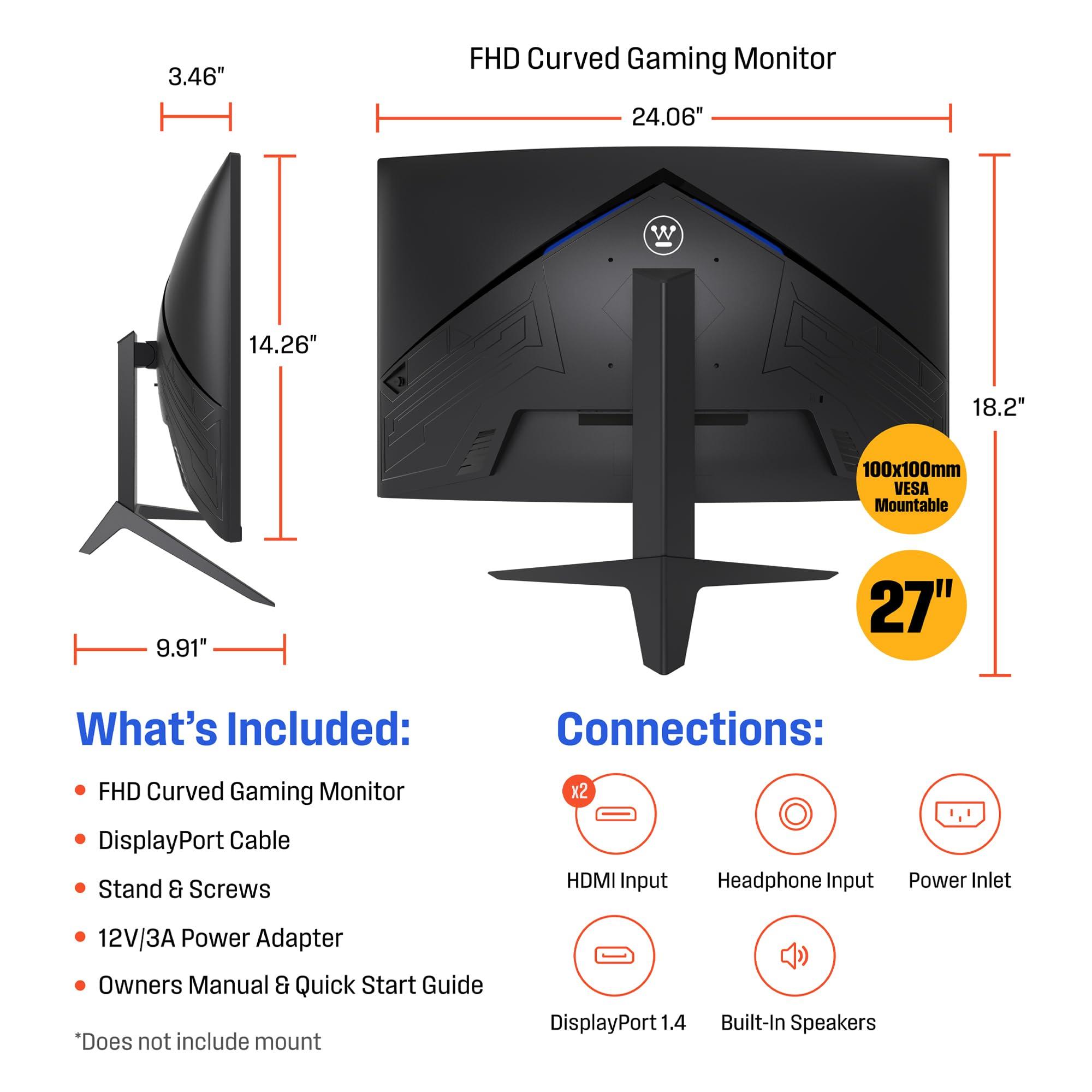 Westinghouse Westinghouse 27 Inch Curved Full HD Gaming Monitor, 165Hz, AMD FreeSync Support, Low Motion Blur, 1500R Curve, 1920 x 1080, for PC Games with Built in Speakers, DisplayPort, 2X HDMI