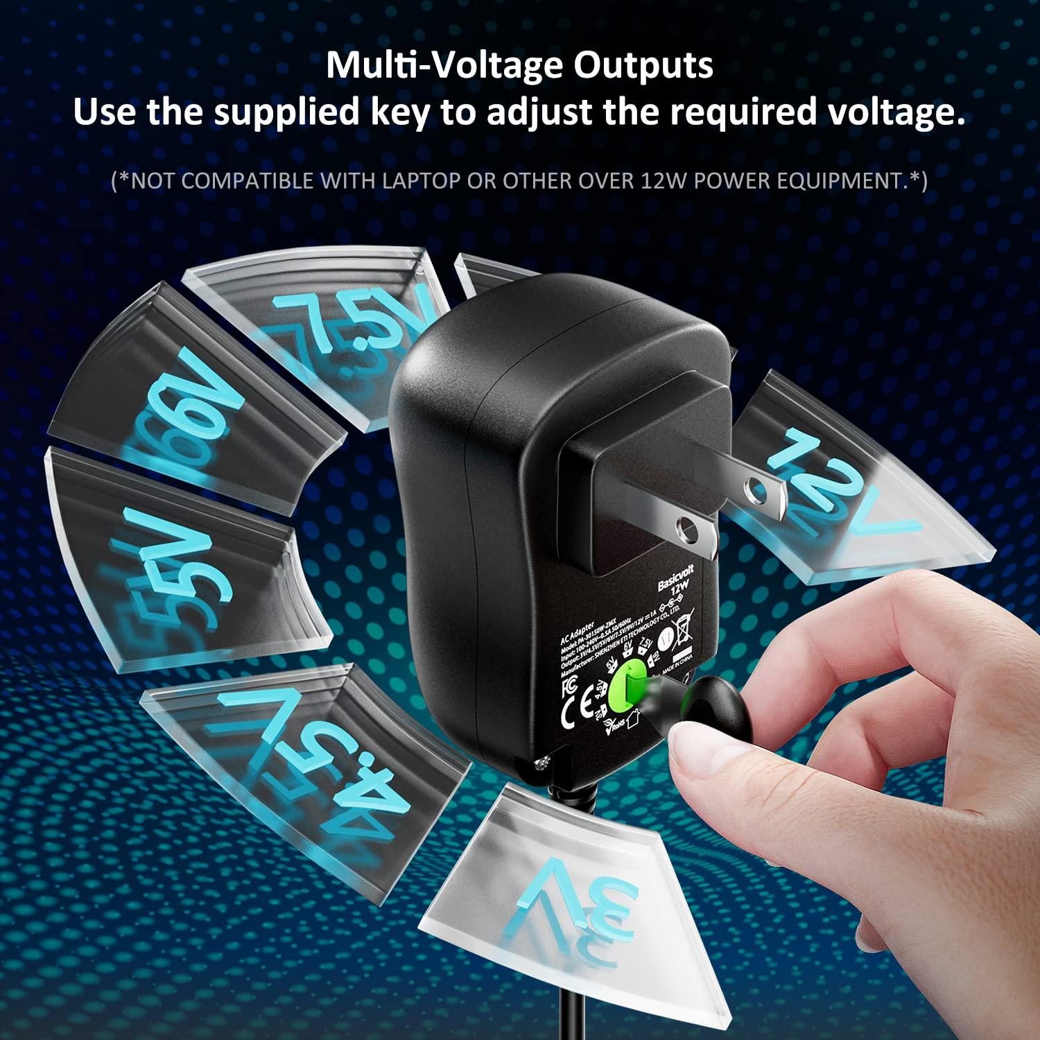 Basicvolt Basicvolt 12W Universal Power Supply 12V 9V 7.5V 6V 5V 4.5V 3V 1A AC to DC Adapter for Led Strip Router Speaker CCTV Camera Tablet Radio 3 to 12 Volts 1000mA Switching Power Supply with 8 Tips