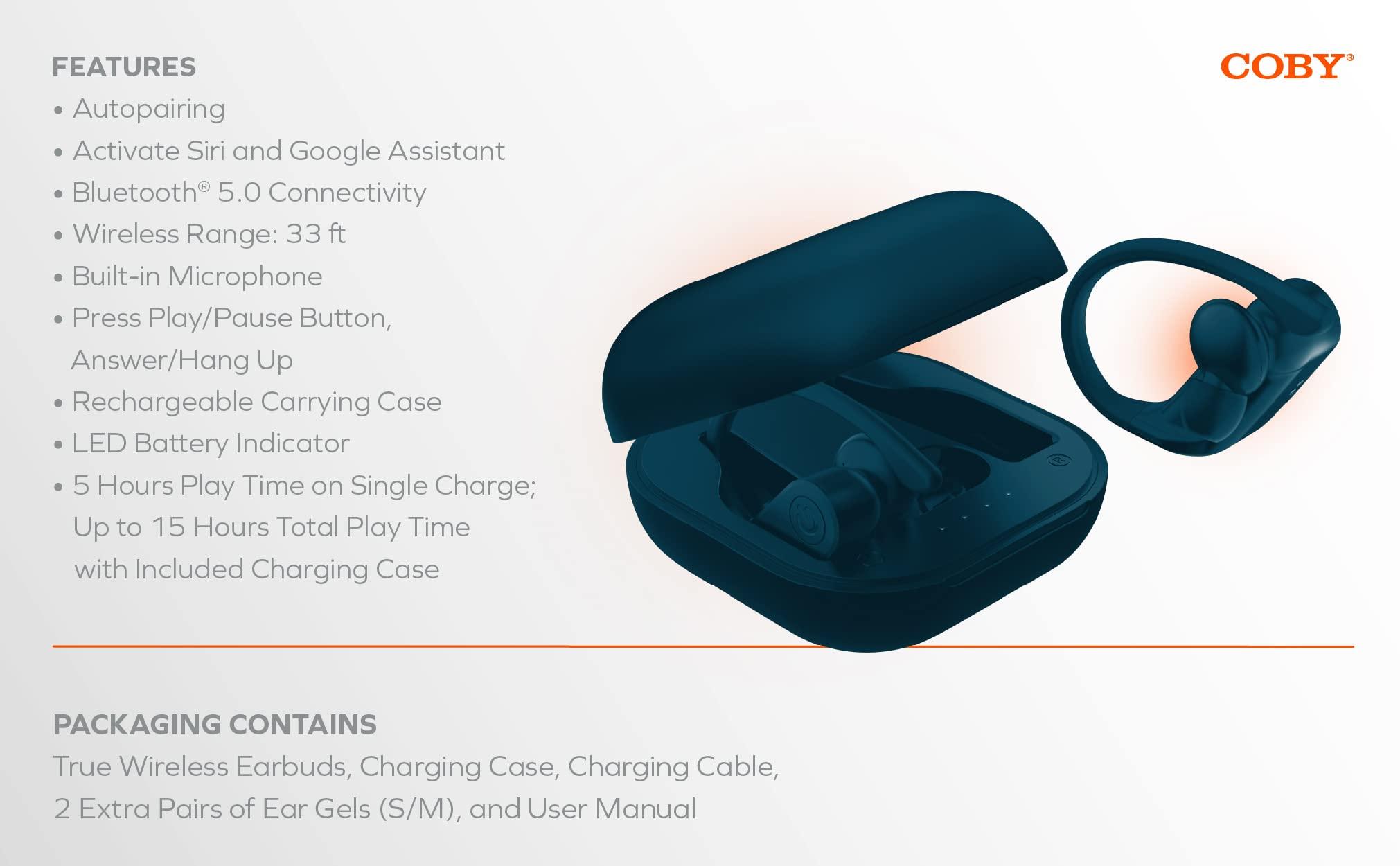 Coby Coby True Wireless Sport Earbuds 15 Hours, Charging Case, Playback Controls, Siri and Google Assistant, Auto Bluetooth 5.3 Pairing, for Gym, Running, Workout - Works with iPhone, Android, iPad (Blue)