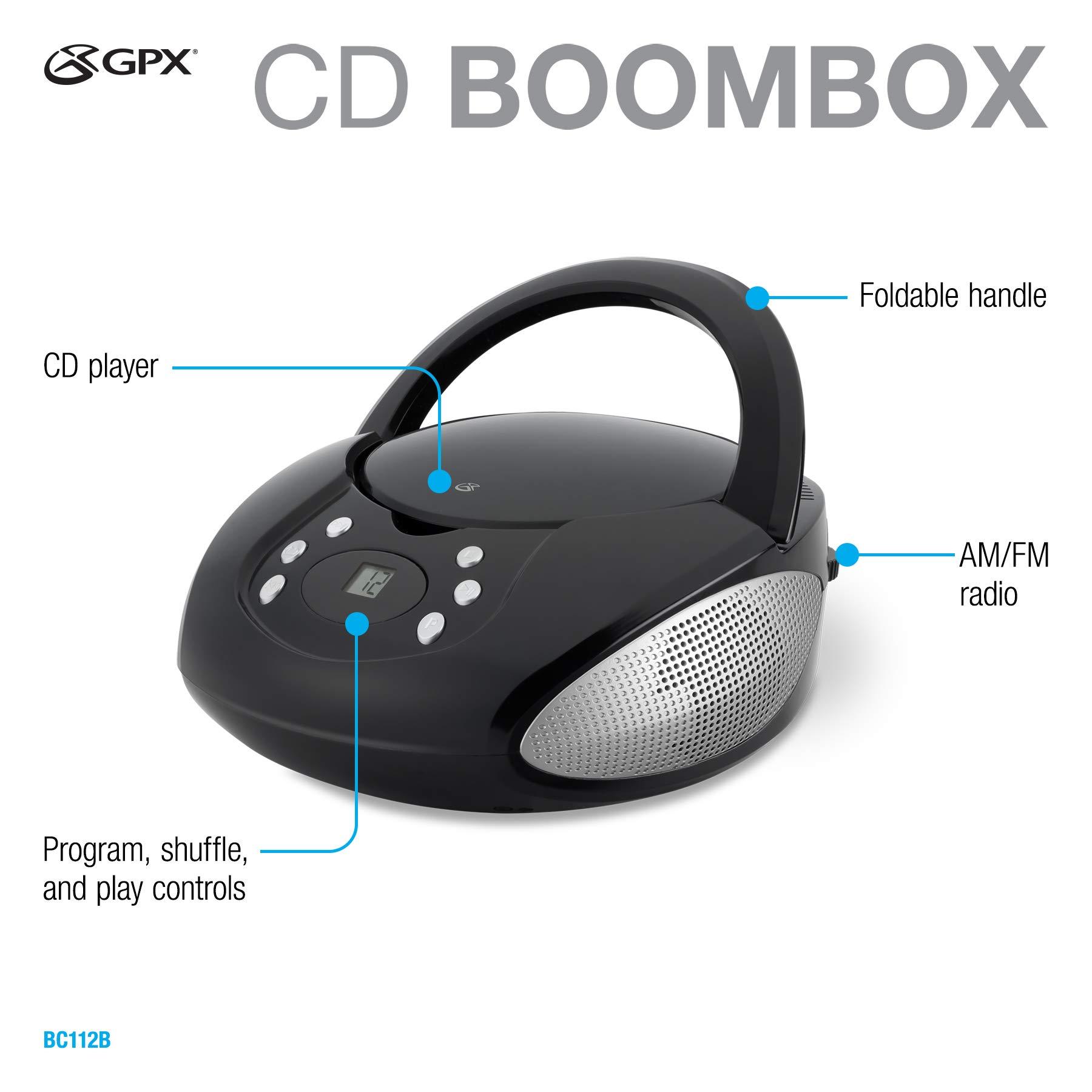 GPX GPX, Inc. Portable Top-Loading CD Boombox with AM/FM Radio and 3.5mm Line In for MP3 Device - Black, Single
