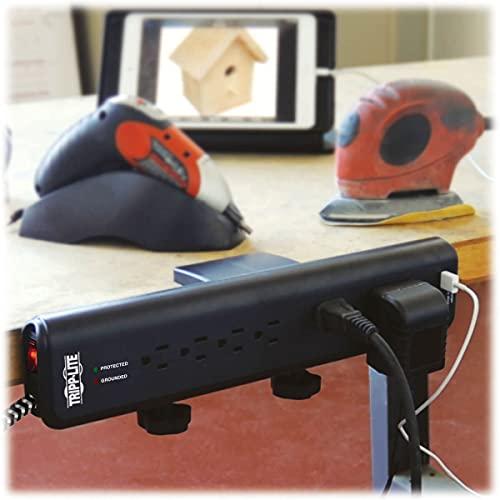 Tripp Lite Tripp Lite Desk Clamp Surge Protector Power Strip, 6-Outlets & 2 USB, Microbrial Resistant, 8 ft Braided Cord, 2100 Joules, 1875W, 40,000 Insurance & Lifetime Manufacturer's Warranty (TLP608DMUAM)