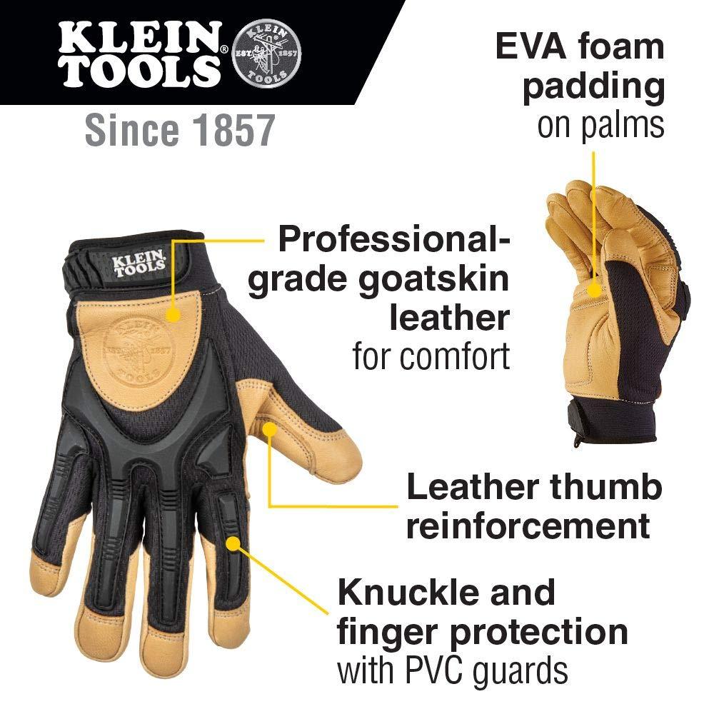 Klein Tools Klein Tools 60188 Work Gloves, Professional Grade Leather Gloves with Knuckle and Finger Protection, Thumb Reinforcement, Mesh Back, Large