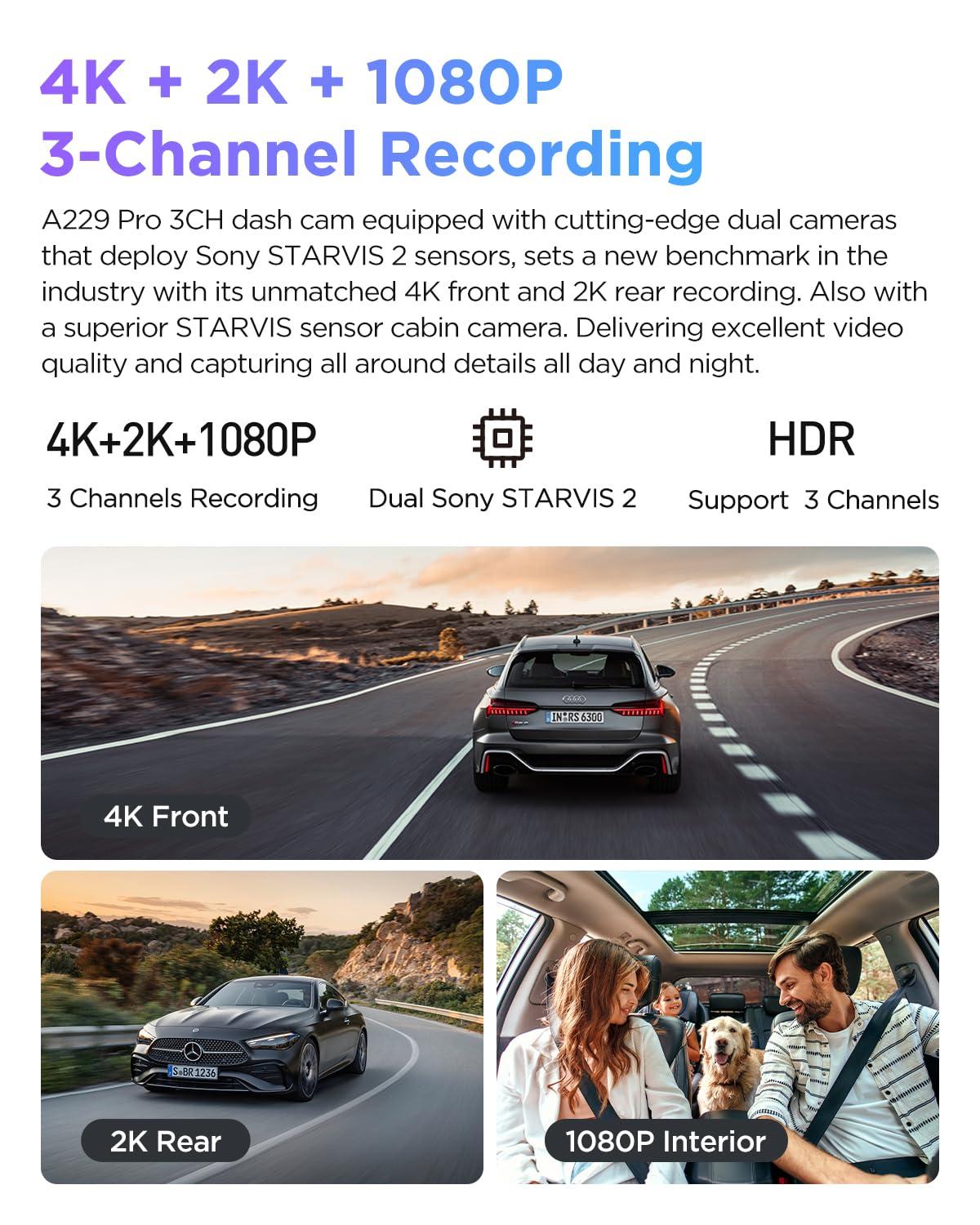 VIOFO VIOFO A229 Pro 3 Channel 4K HDR Dash Cam, Dual STARVIS 2 Sensors IMX678 & IMX675, 4K+2K+1080P Front Inside and Rear Triple Car Camera, 5GHz WiFi GPS, Voice Control, 24H Parking Mode, Support 512GB