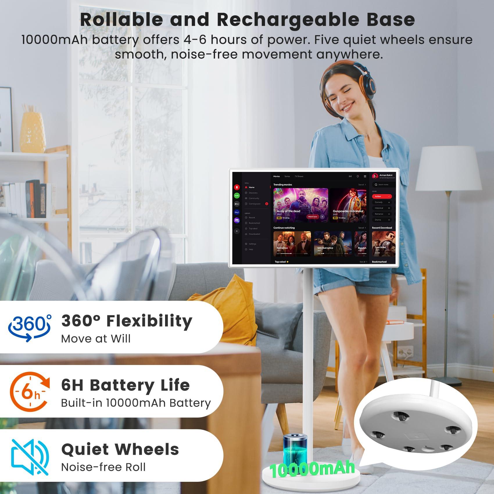 BIGASUO BIGASUO 32-Inch Portable Smart Screen 1080p Portable Monitor with Rotatable Touch Screen, 8G RAM+128G Storage, Android 13 OS, Built-in Battery(4-6H), Rolling TV on Wheels, Remote Control