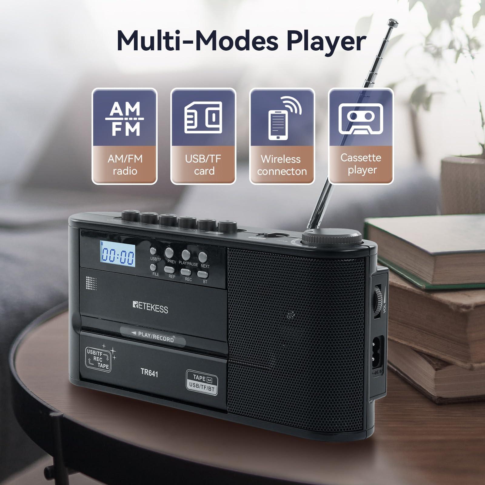 Retekess Retekess TR641 Cassette Player Recorder, Cassette to Digital Converter, AM/FM Radio, Boombox with Earphone Jack, USB/TF, Wireless Connection, Battery or AC Powered