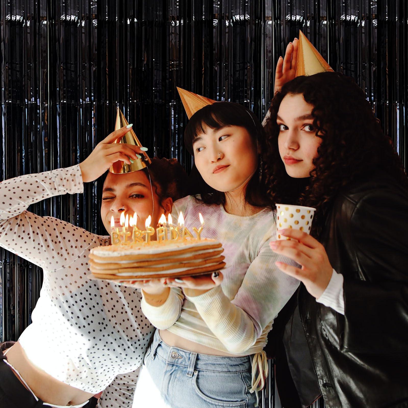 BOMSI Black Party Streamers Foil Fringe Backdrop Curtains Tinsel Streamers Birthday Party Decorations Fringe Backdrop for Birthday Party Graduation Bridal Shower