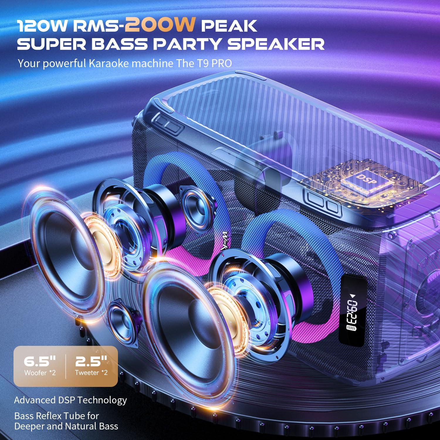 W-KING W-KING Party Large Bluetooth Speaker Loud-(200W PEAK)120W Extra Deep Bass, V5.3 Big Boombox Karaoke Portable Speaker Wireless, 12 Custom Bass, Massive 120dB/IPX5/Lights/USB Play/MIC&Guitar Port/TF/AUX