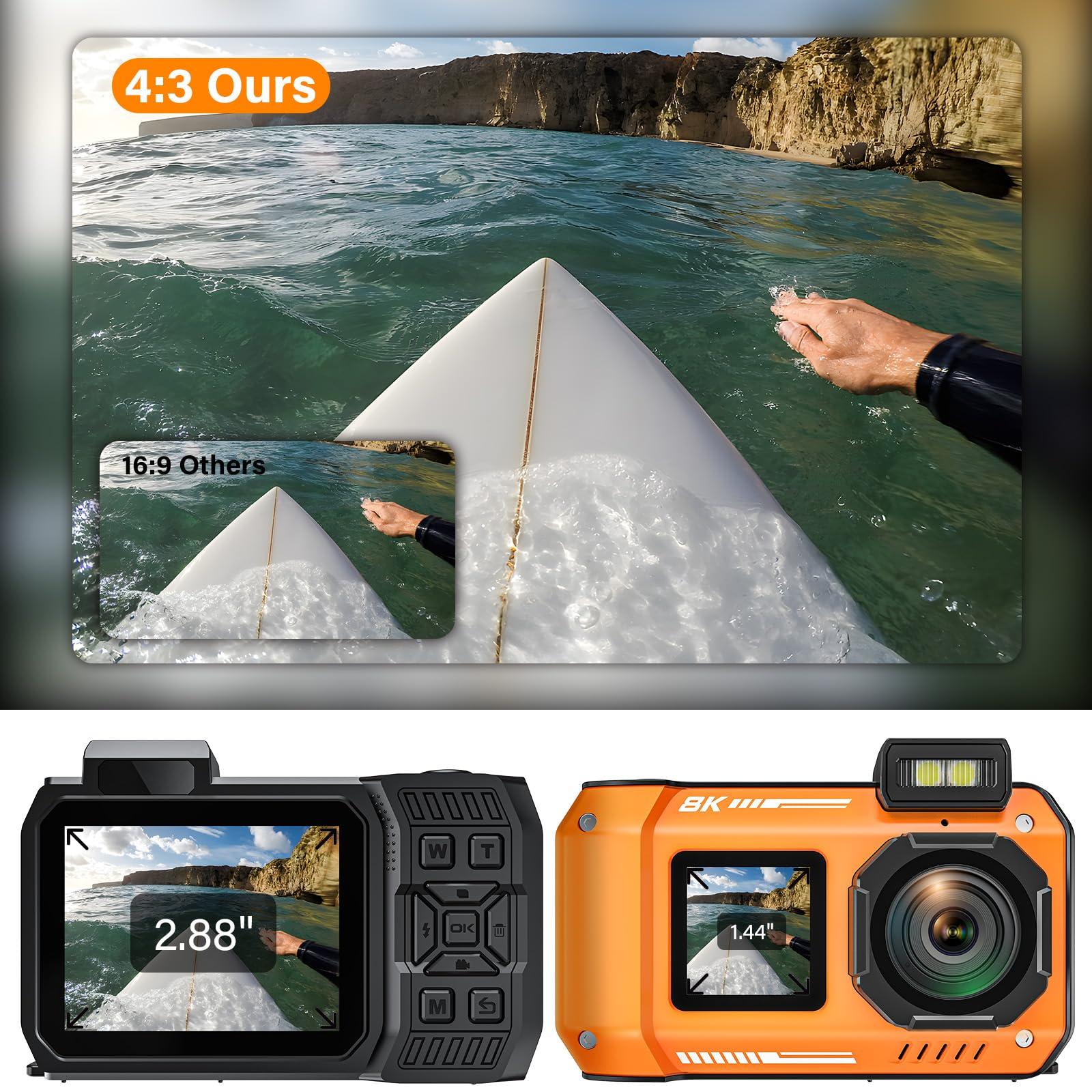tupsio 8K UHD 70MP Digital Camera with 32GB Card Rugged Waterproof Dustproof Shockproof 33FT Underwater Camera Dual-Screen Selfie for Snorkeling Autofocus Point and Shoot Digital Camera (Orange)