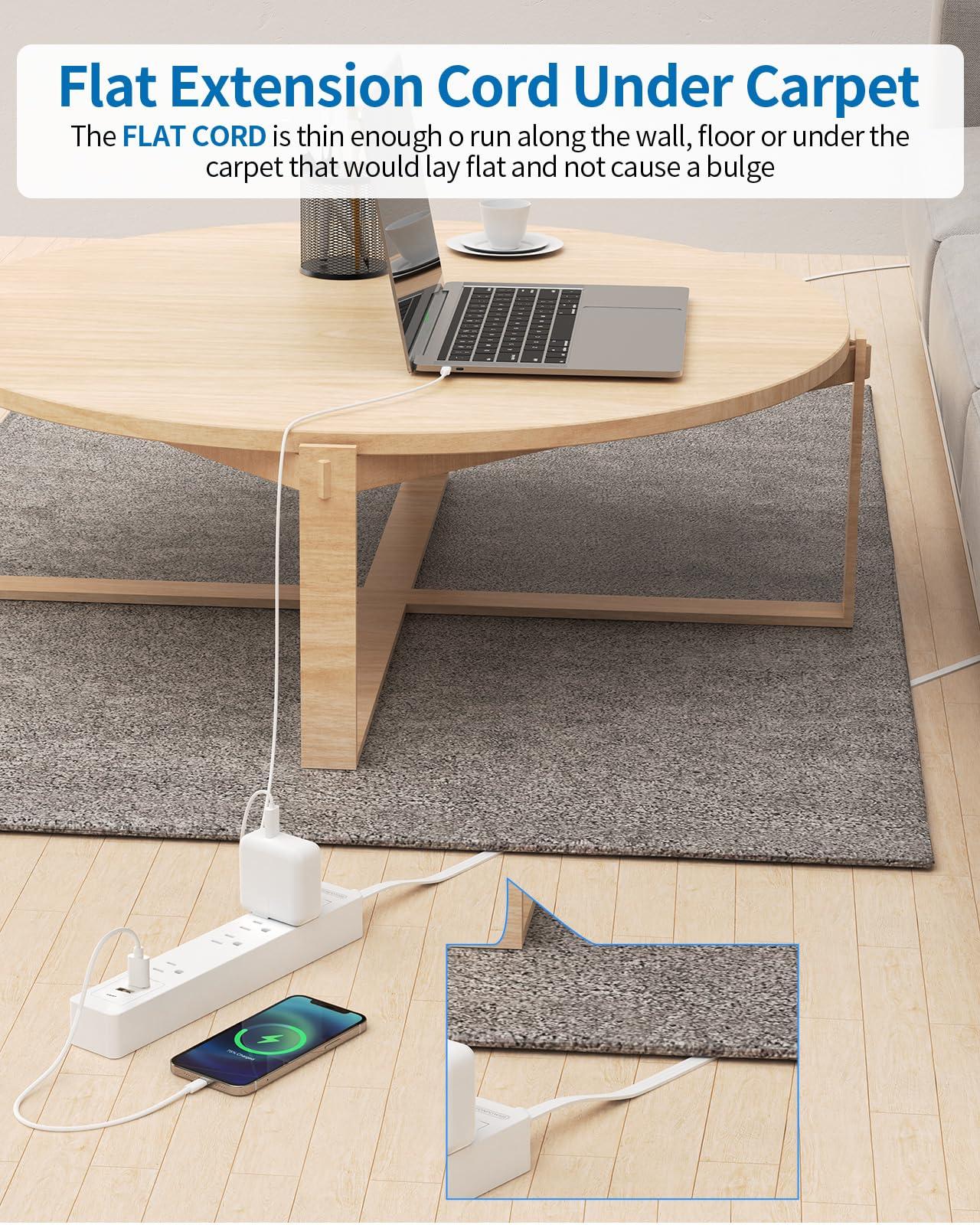 NTONPOWER Flat Extension Cord 15 ft, NTONPOWER Ultra Thin Flat Extension Cord Under Carpet, Rug, Door, Wall Mount Power Strip Flat Plug with 4 Outlets 2 USB, Overload Protection for Home Office Indoor, White