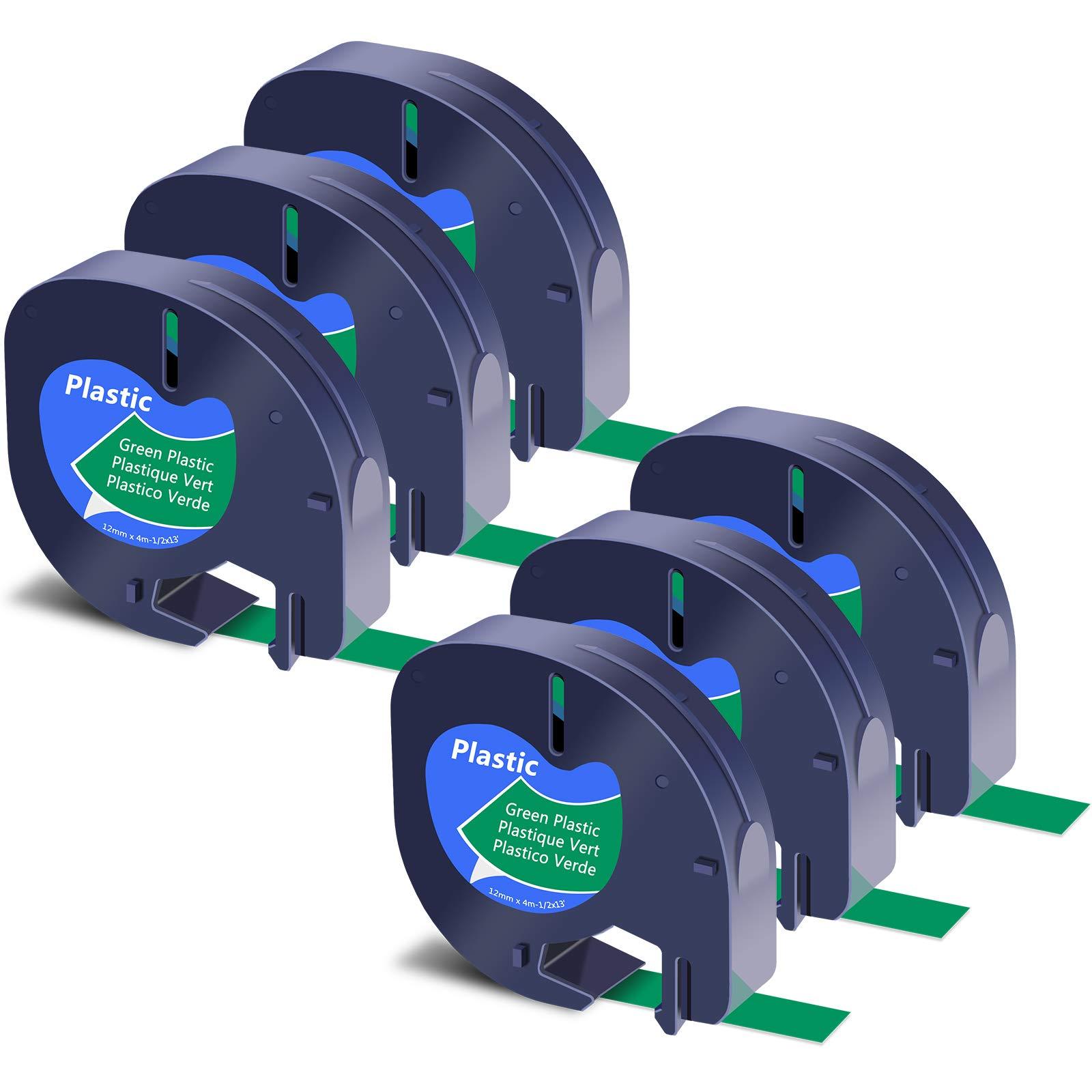 greencycle GREENCYCLE Compatible for Dymo LT 91334 (S0721640) Plastic Label Tape Refills Black on Green 12mm 1/2\" X 4m 13 ft Self-Adhesive Label Maker Tape for LetraTag LT-100T LT-100H QX50 2000 XR, 6 Pack