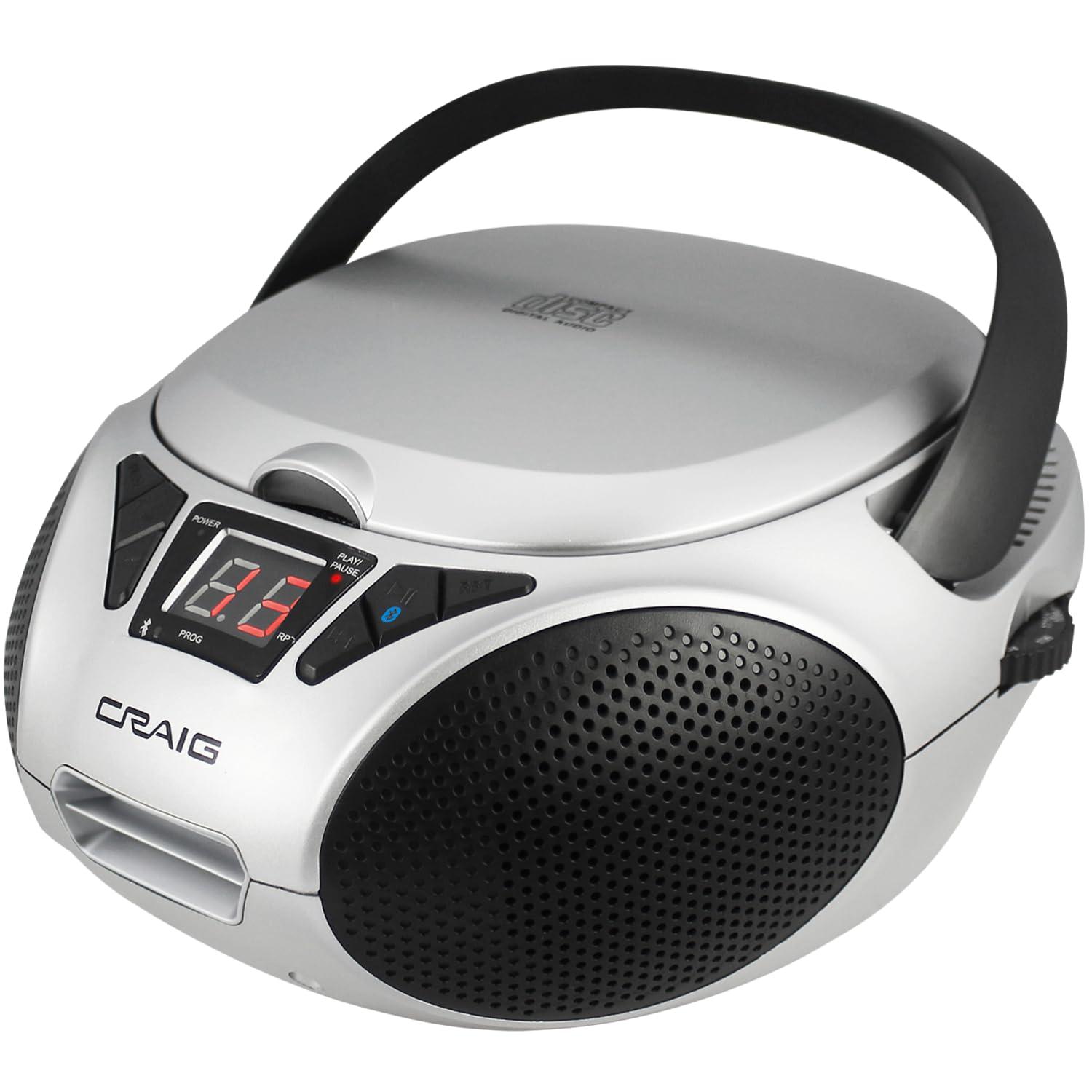 Craig Craig CD6925 Portable Top-Loading Stereo CD Boombox with AM/FM Stereo Radio Bluetooth Wireless and AUX Port (Silver, Bluetooth)