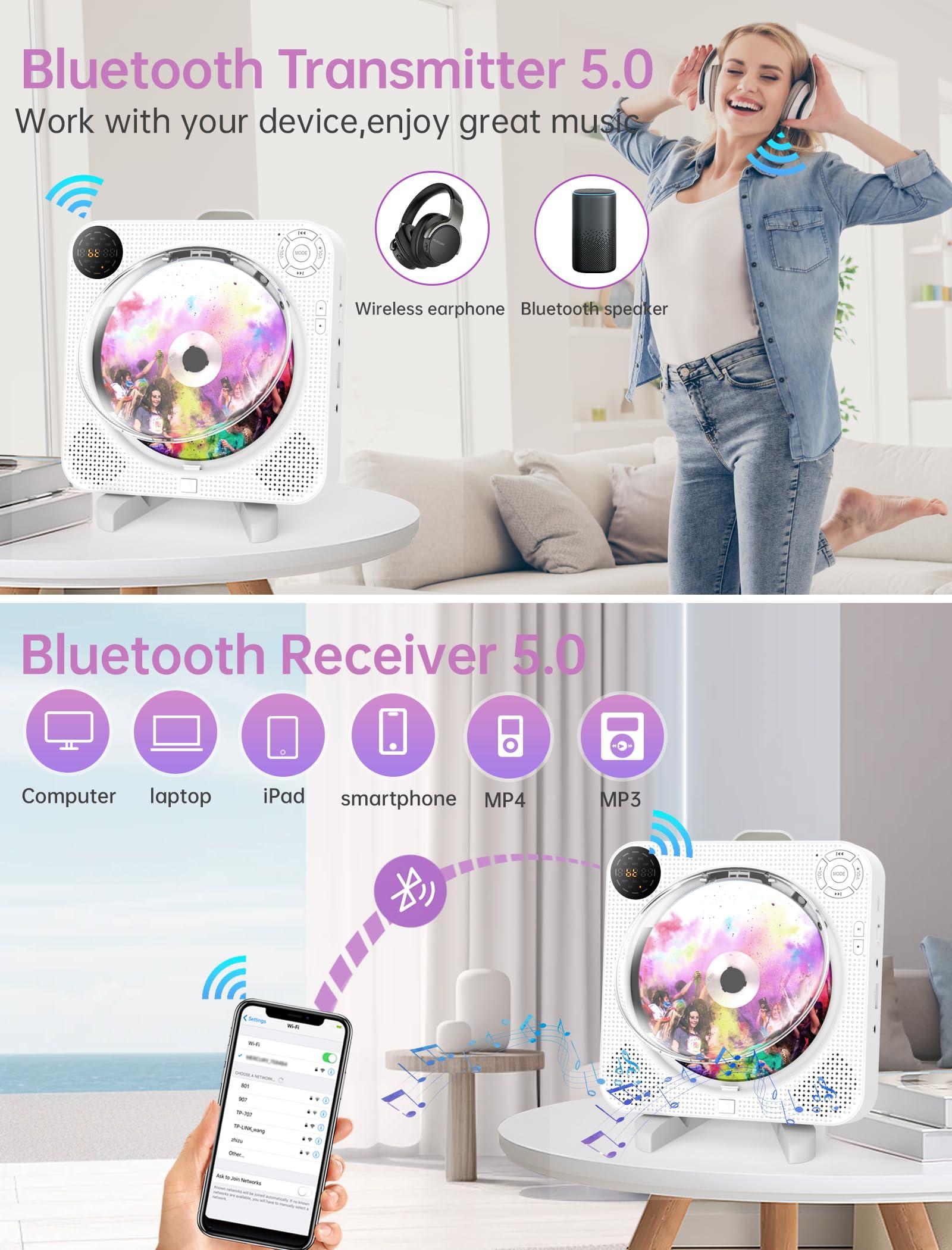 Desobry CD Player Portable, Bluetooth CD Player with Speakers DESOBRY Small CD Player for Home with Remote Control FM Radio Digital Screen Headphone Jack, Wall CD Player Support AUX in Cable&USB, White