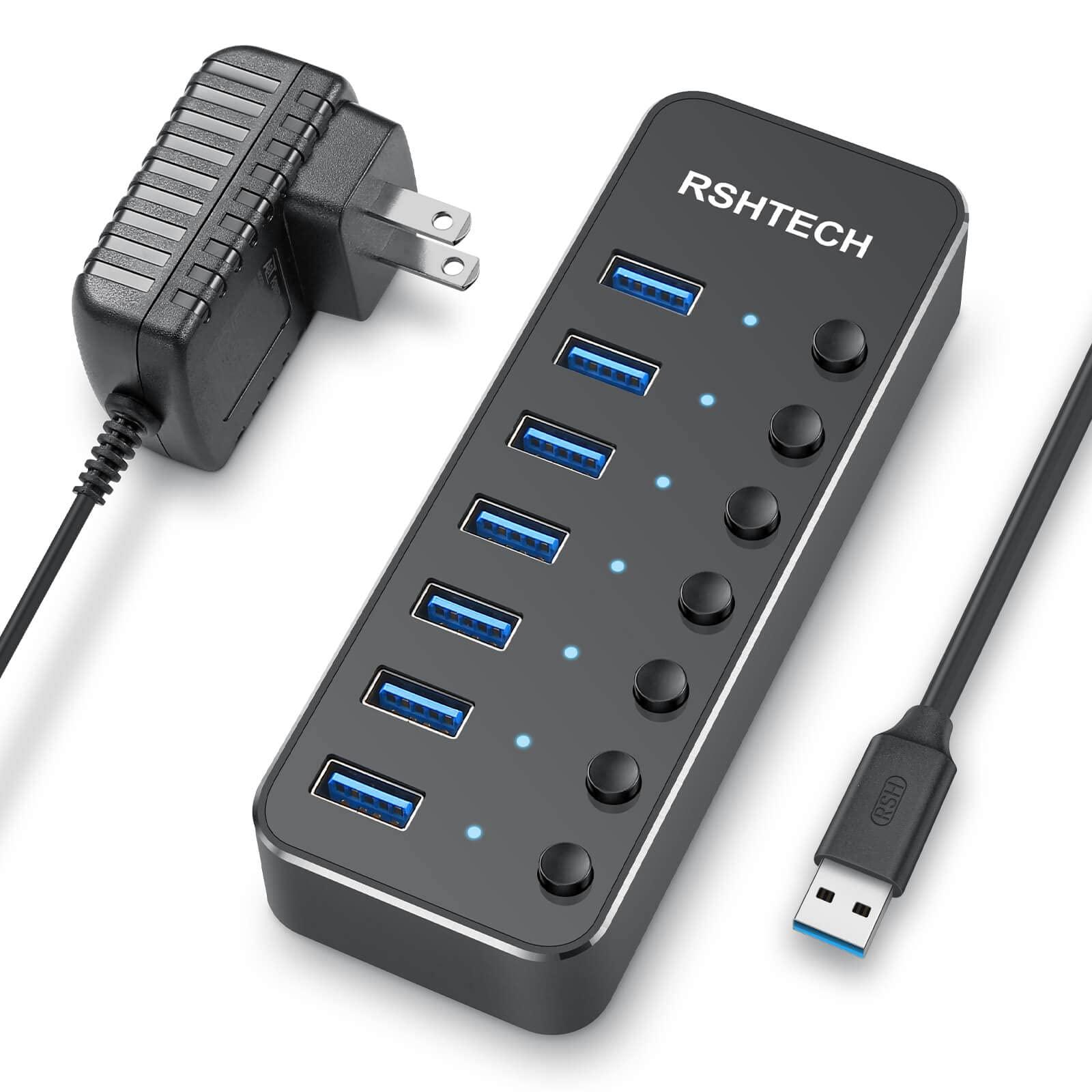RSHTECH USB 3.0 Hub, RSHTECH 7 Port Powered USB Hub Expander Aluminum USB 3.0 Data Port hub with Universal 5V AC Adapter and Individual On/Off Switches USB Splitter for Laptop and PC(Black)