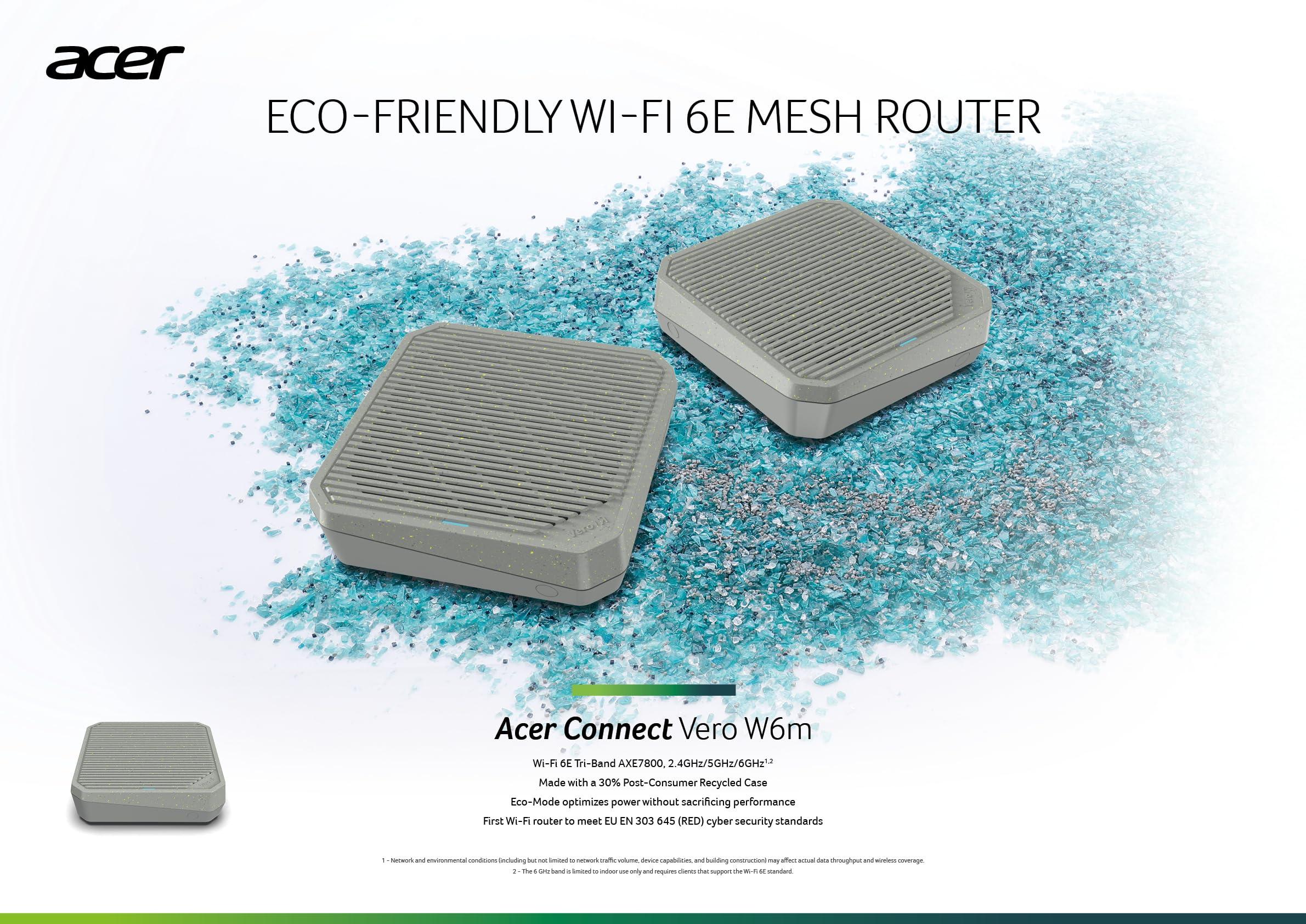 acer Acer Connect Vero W6m Wi-Fi 6E Mesh Router | Tri Band AXE7800 (2.4GHz/5GHz/6GHz) | Gigabit Speed (Up to 7.8Gbps) | Optimized Connectivity for PC or Console | 30% Post-Consumer Recycled