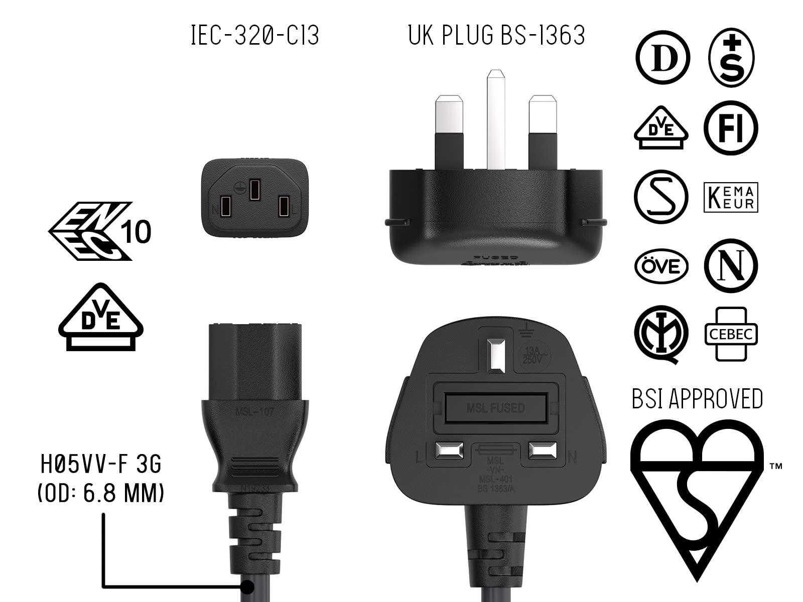 Cable Leader CableLeader 10ft IEC320 C13 to BS1363 England UK Power Cord with Fuse 18AWG 13A/250V, Heavy-Duty for PCs, Monitors, Scanners, Printers, Britain 3 Prong Type G Plug, Black