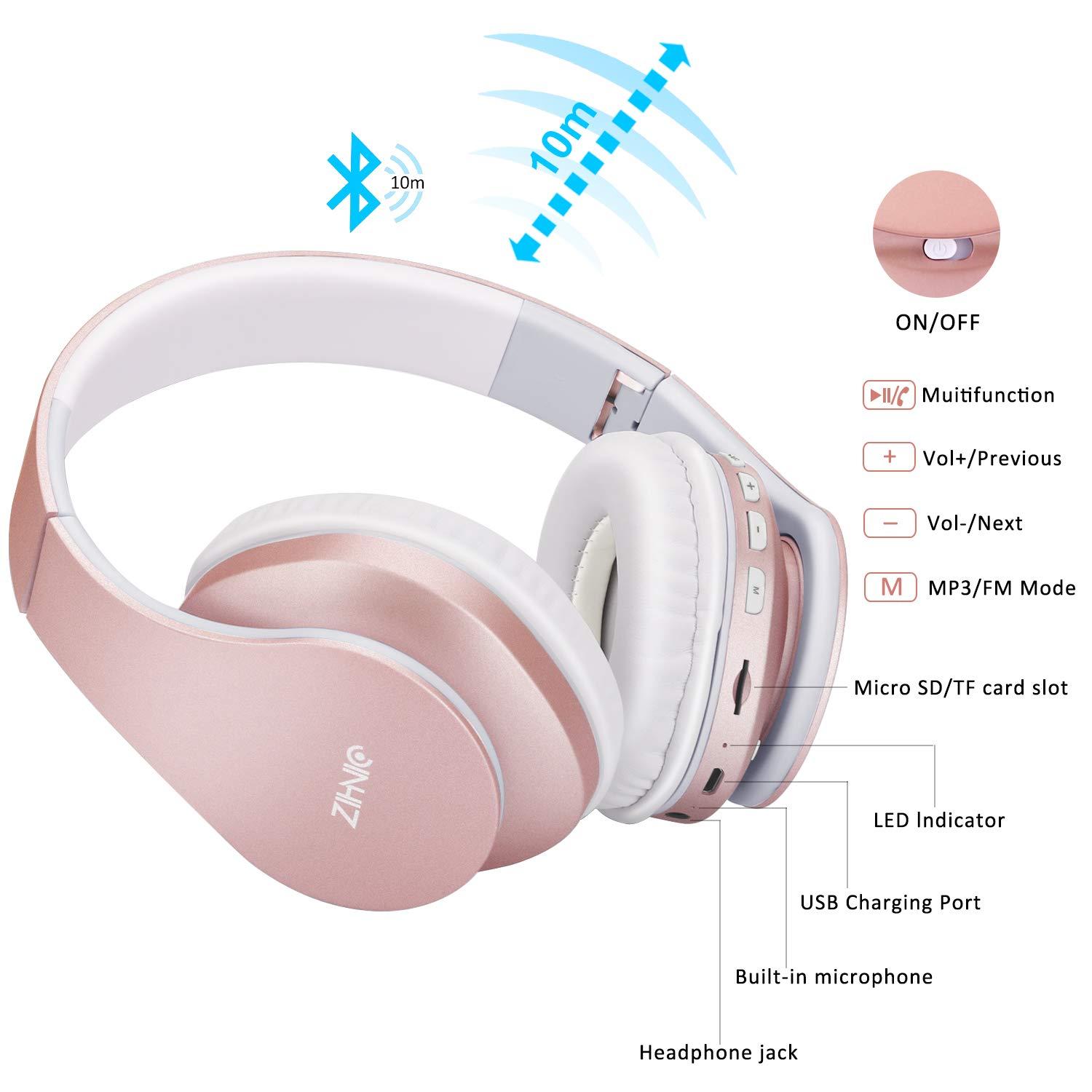 ZIHNIC ZIHNIC Bluetooth Headphones Over-Ear, Foldable Wireless and Wired Stereo Headset Micro SD/TF, FM for Cell Phone,PC,Soft Earmuffs &Light Weight for Prolonged Wearing(Rose Gold)