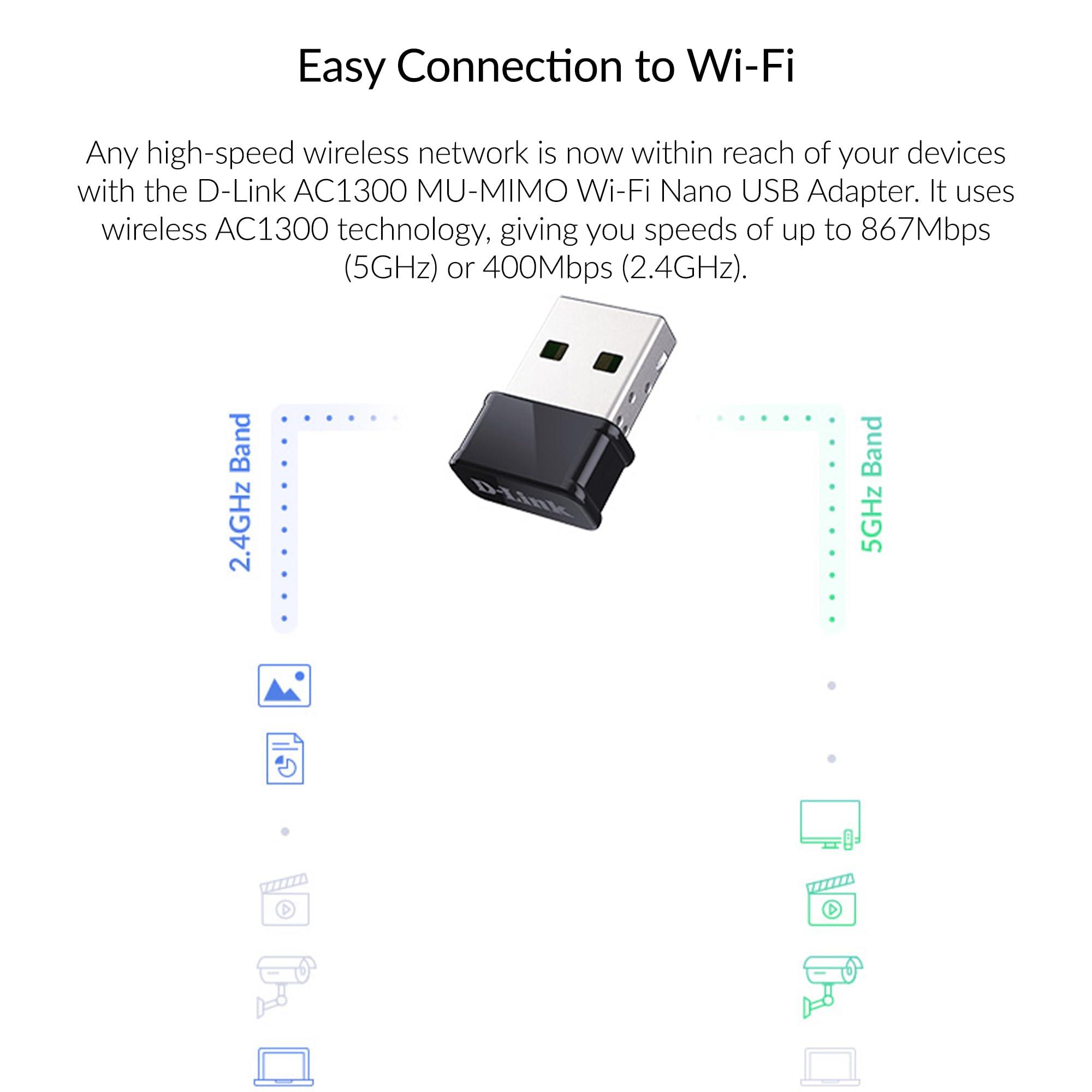 D-Link D-Link USB WiFi Adapter Dual Band AC1300 Wireless Internet for Desktop PC Laptop Gaming MU-MIMO Windows Mac Linux Supported (DWA-181-US)