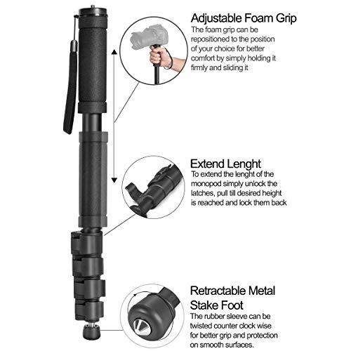 Acuvar Acuvar 62' Inch Monopod with Integrated Safety Strap and 4 Section Extending Pole for All Digital Cameras, DSLR, Mirrorless, Compact Cameras, Camcorders & Cell Phones