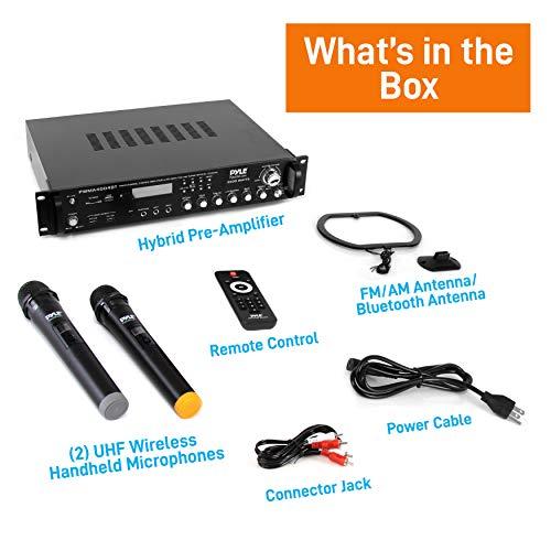Pyle Pyle Bluetooth Multi-Channel Hybrid Pre-Amplifier System - 3000W Home Audio Rack Mount Stereo Power Amplifier Receiver w/ Radio, USB, UHF, Dual Wireless Karaoke mic, Speaker Sound System -PWMA4004BT