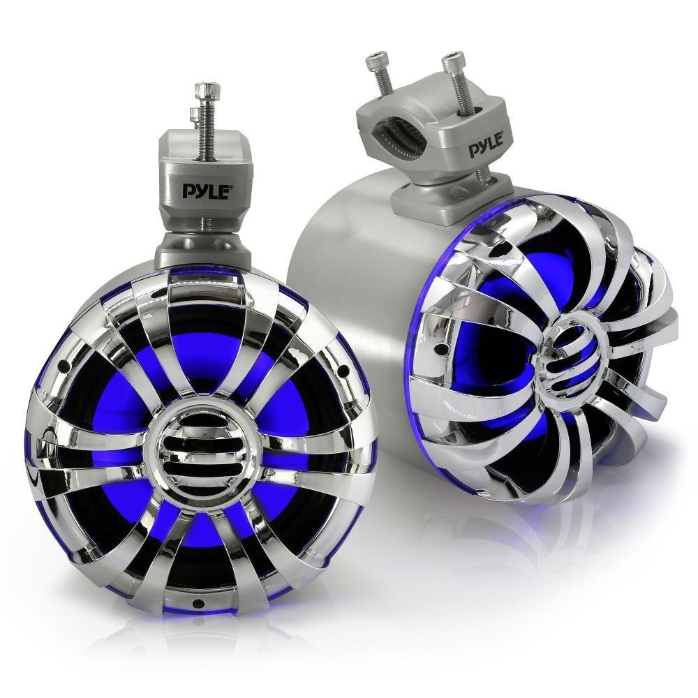 Pyle Pyle Marine Speakers - 5.25 Inch Waterproof IP44 Rated Wakeboard Tower and Weather Resistant Outdoor Audio Stereo Sound System with Built-in LED Lights - 1 Pair in Silver (PLMRWB50L)