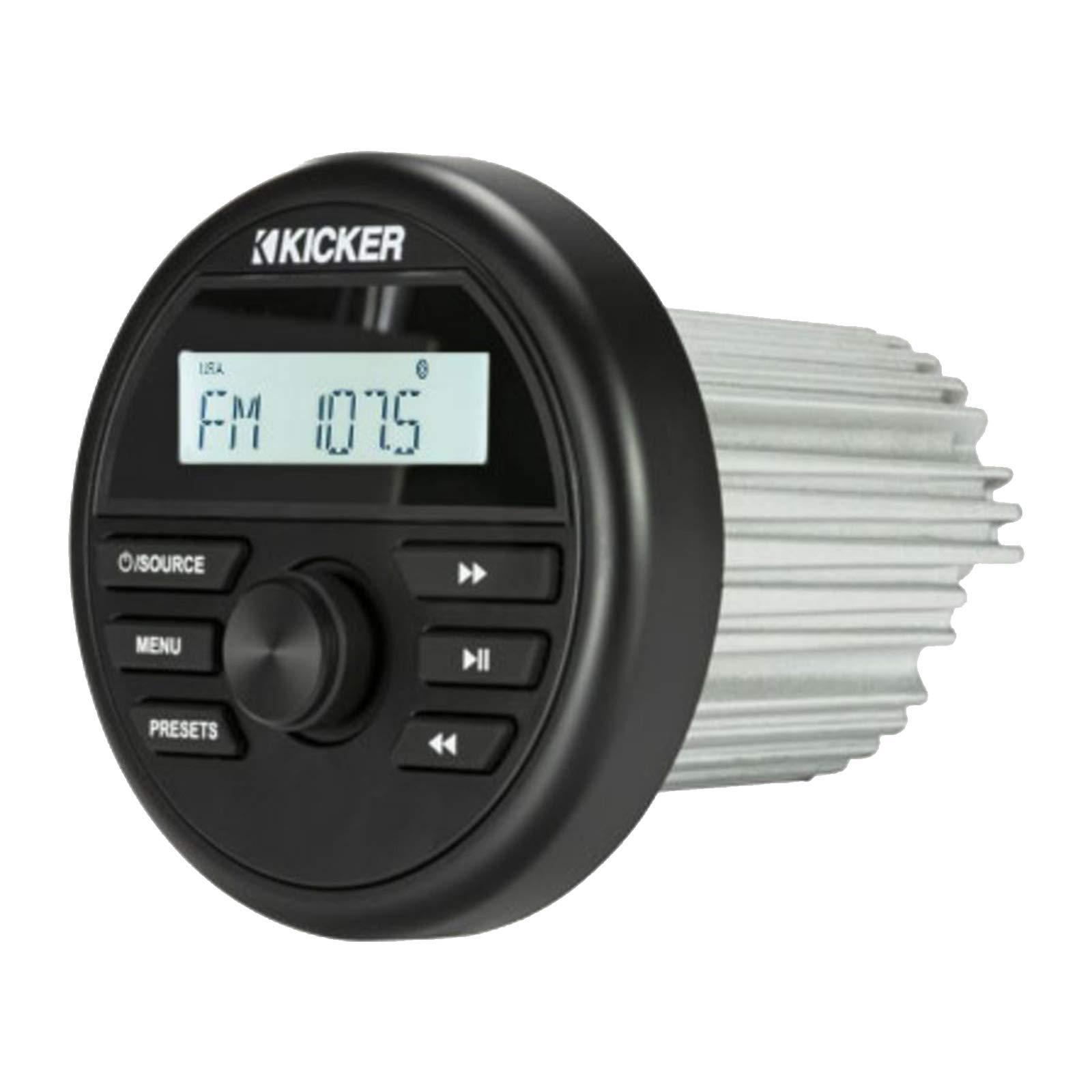 KICKER Kicker All-Weather Marine Gauge Style Bluetooth USB Stereo Receiver Bundle Combo with 2 Pair (Qty 4) 6.5" 2-Way 195W Max Coaxial Marine Speakers w/Charcoal Grilles, 50-Ft 16-Gauge Wire, 22" Antenna