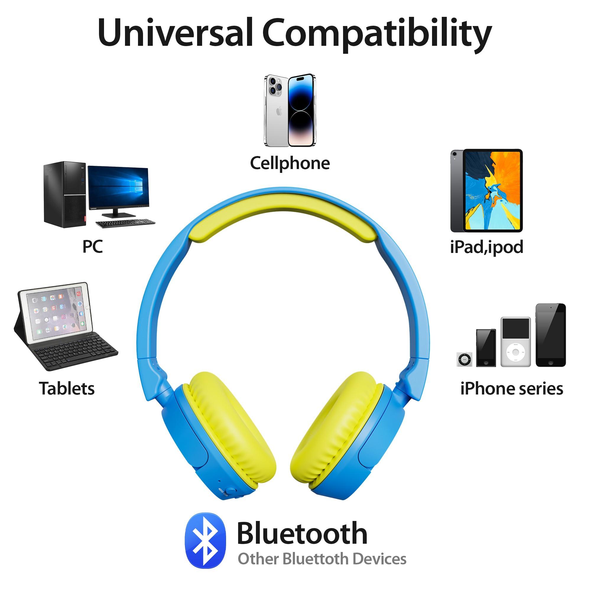 Contixo Contixo KB-5 Kids Headphones - Over The Ear Foldable Bluetooth Wireless Headphone for Kids - 85dB with Volume Limited - Toddler Headphones for Boys and Girls (Blue + Yellow)