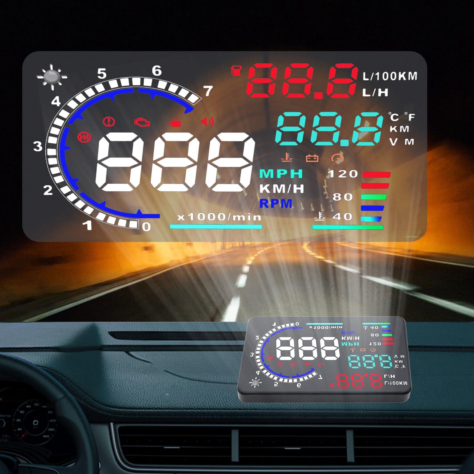 Geloo Geloo Head Up Display OBDII HUD Display for Cars A8 Head up Display 5.5in Digital Speedometer for Car MPH with Multiple Alarm,Light Sensor Windshield OBDII Interface only for Cars from 2012 Onwards