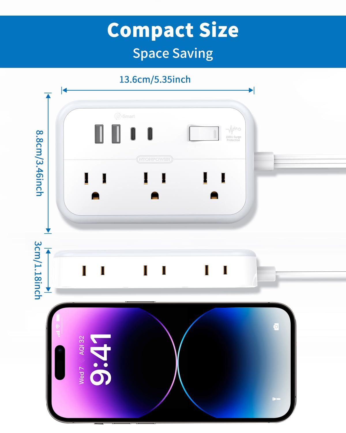 NTONPOWER Flat Extension Cord 25 ft, NTONPOWER Surge Protector Power Strip with 6 Outlets 4 USB Ports(2 USB C),Flat Plug, Multiple Outlets, Mounted, Outlet Extender, Overload Protection for Indoor, Home, Office