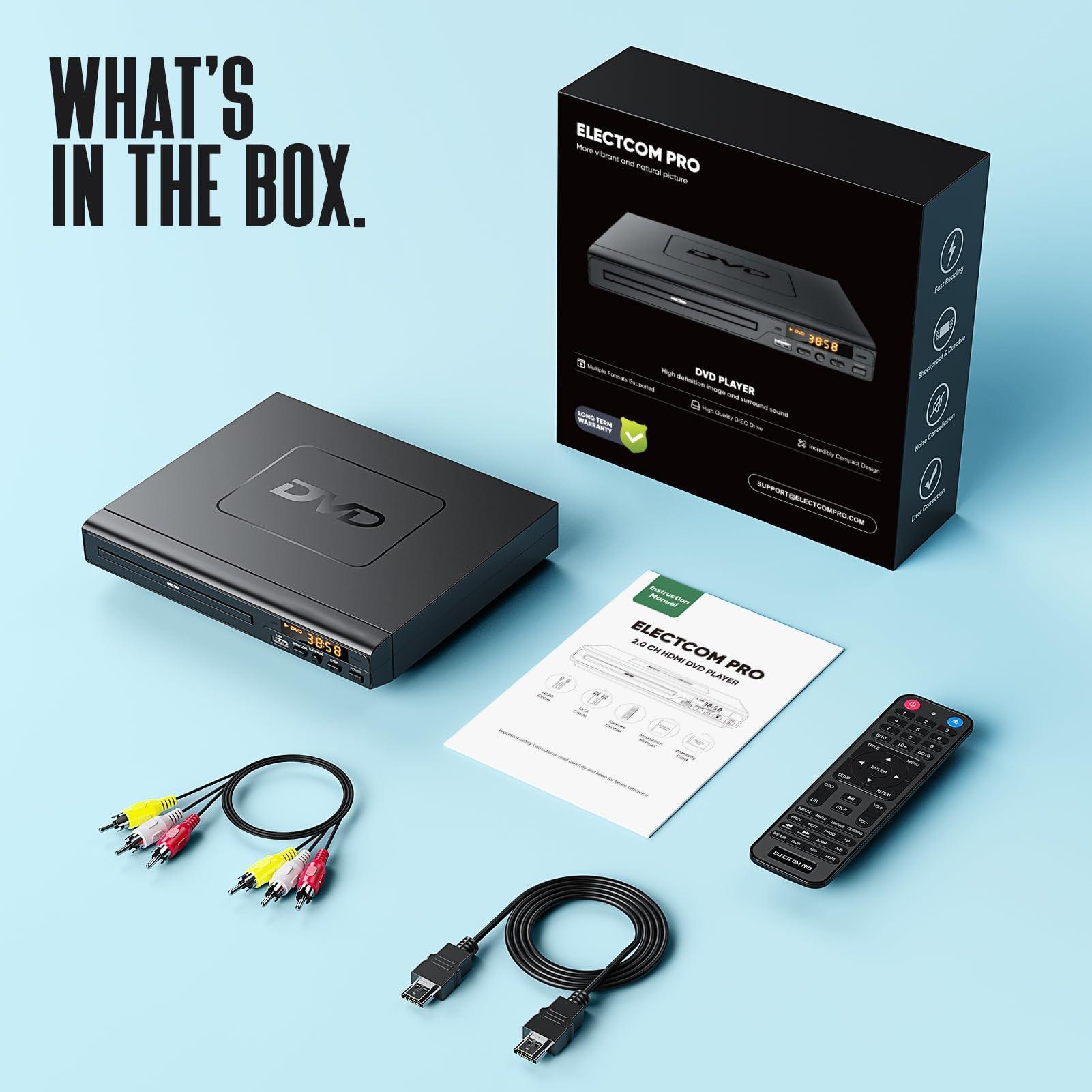 ELECTCOM PRO DVD Players for TV with HDMI, DVD Players That Play All Regions, Simple DVD Player for Elderly, CD Player for Home Stereo System, Included HDMI and RCA Cable