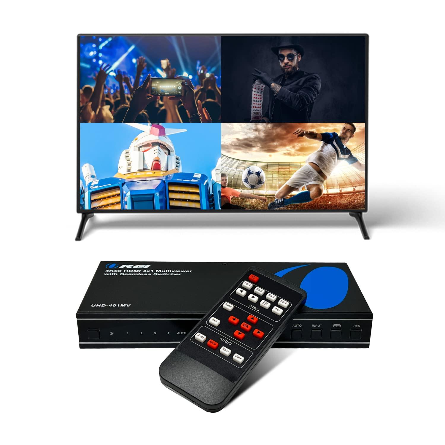 OREI OREI 4K Multi HDMI Viewer Quad 4 in 1 Out, Switcher 4 Ports Seamless IR Remote Support 4K @ 60Hz 1080P for PS4/PC/DVD/Security Camera, HDMI Switch Optical Audio L/R Output - UHD-401MV