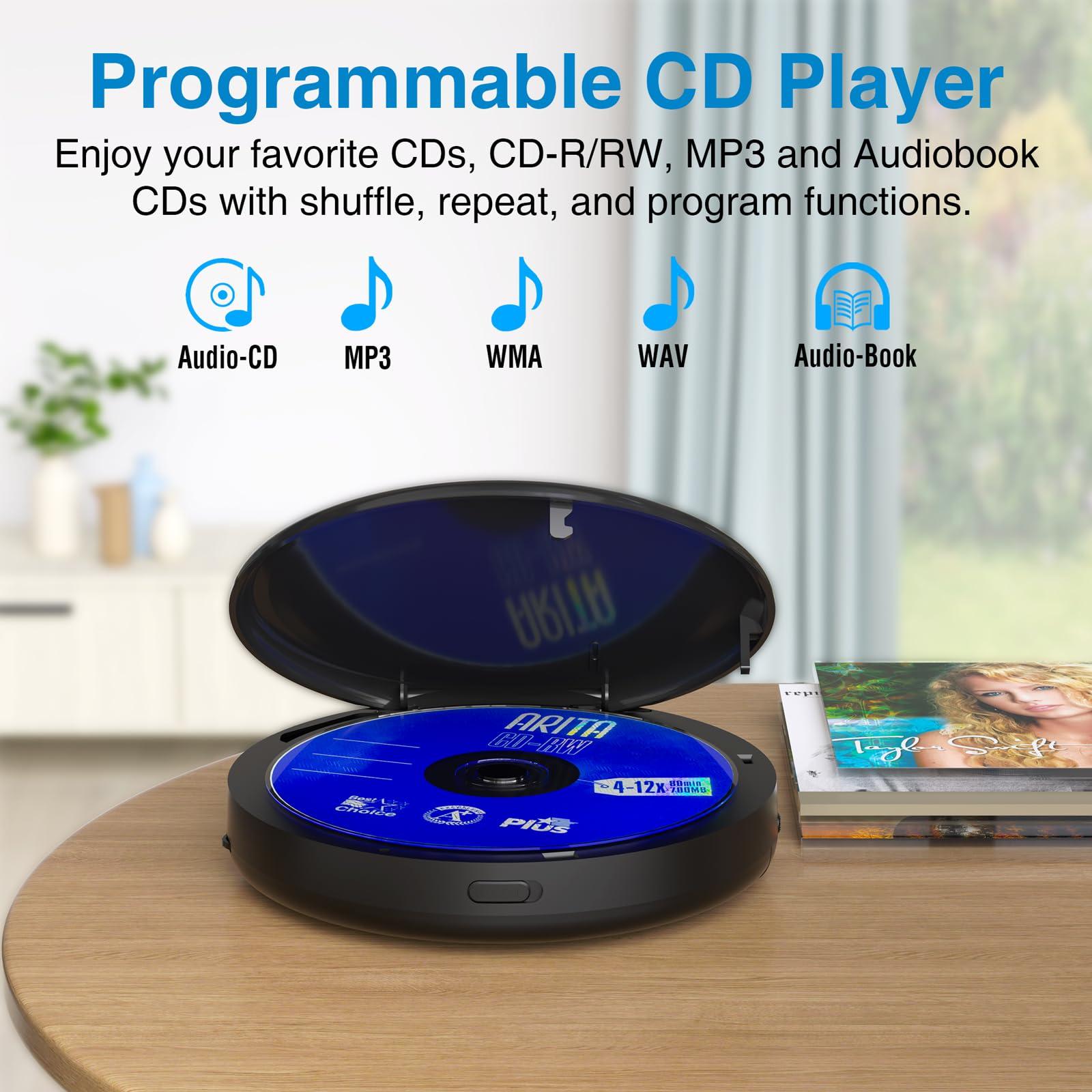 MEGATEK MEGATEK Portable CD Player with Dual Stereo Speakers and 60 Seconds Anti Skip, Personal Walkman CD Player for Car with Headphones, USB Port, Bluetooth and FM Transmitter, 2000mAh Rechargeable Battery