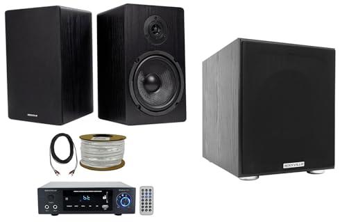Rockville Rockville BLUAMP 150 Amplifier/Bluetooth Bundle with (2) Rockville RockShelf 64B Speakers, Rockville BLUE 14G50 OFC Speaker Wire, Rockville Rock Shaker 8" Subwoofer & Rockville RCDR25B Cable (5 Items)
