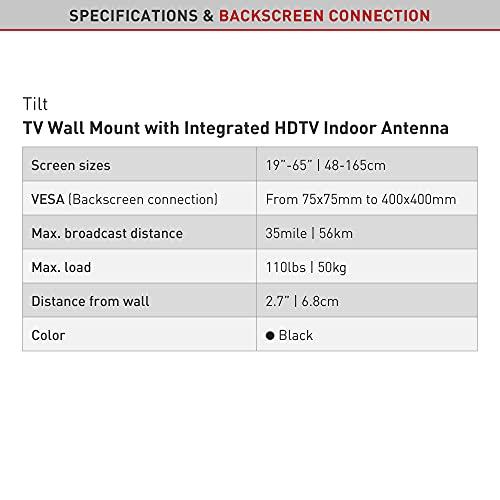 Barkan Barkan TV Wall Mount with Integrated HDTV Indoor Antenna Holds up to 110 lbs Auto Lock Patented Max Range 35 Mile Fits LED OLED LCD TVA31 Black 19 - 65 Tilt Antenna TV Mount