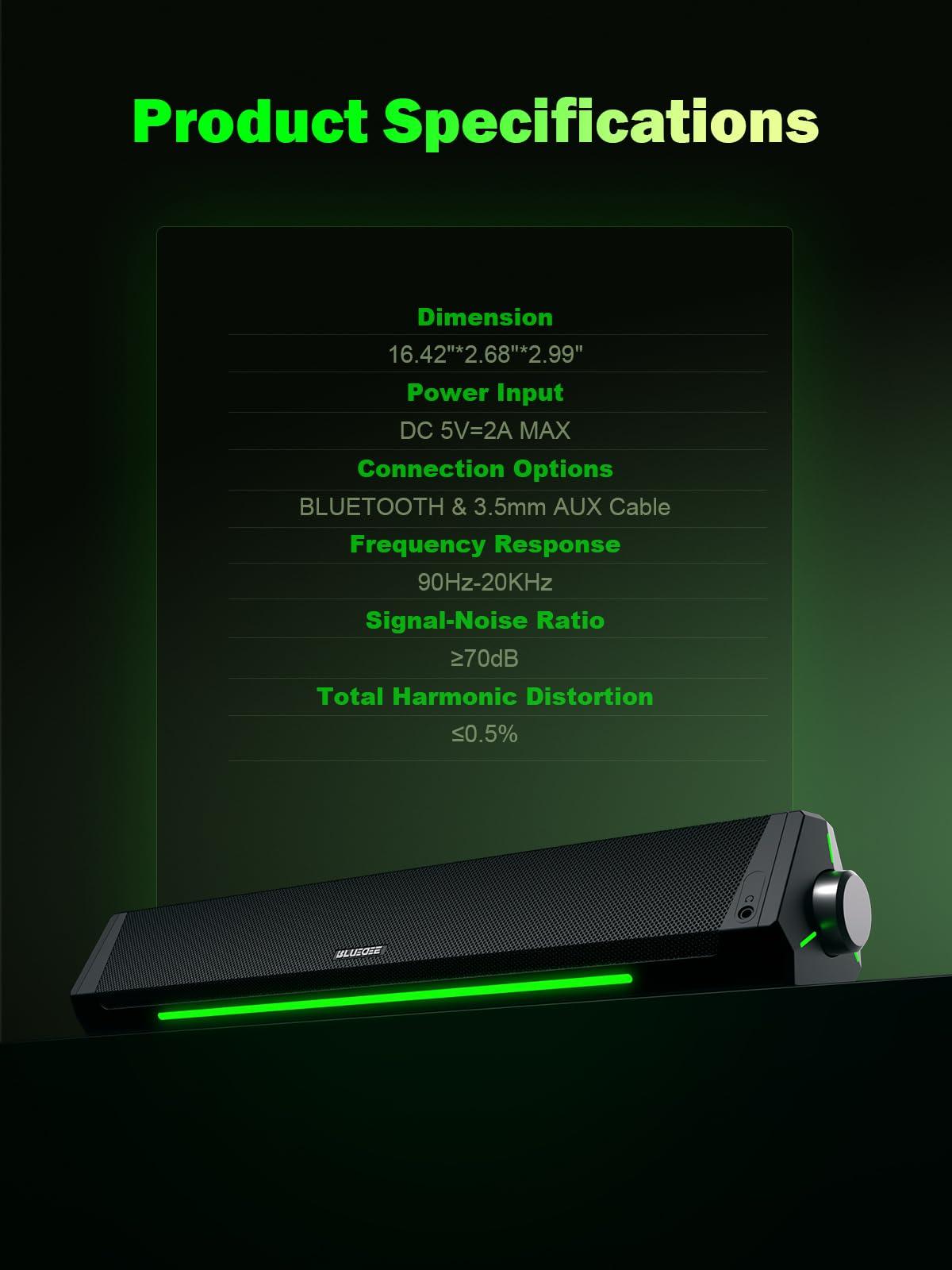 Bluedee BLUEDEE Computer Speakers, Bluetooth Soundbar, HiFi Stereo, 3.5mm Aux-in Connection, USB Powered Speakers for Desktop Monitor, PC, Laptop, Tablets