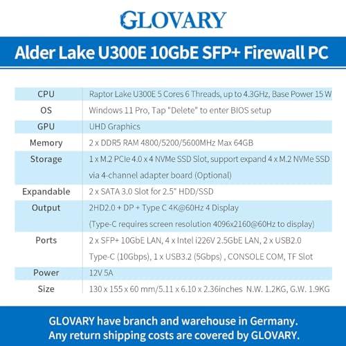 Glovary Glovary Firewall Appliance Dual 10GbE SFP+ U300E, 4 x i226V 2.5GbE LAN Mini PC Router, DDR5 16GB RAM 256GB NVMe SSD, Micro Router Computer, 10Gbit TypeC Port, Windows 11 Pro, OPNsense