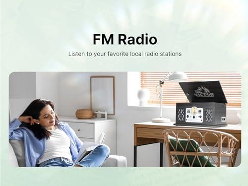 VICTOR Victor VWRP-3800 State 7-in-1 Turntable Music Center with 3-Speed Record Player, CD/MP3/Cassette Player, FM Radio, Dual Bluetooth In & Out, and Built-in Stereo Speakers Perfect for Music Enthusiasts