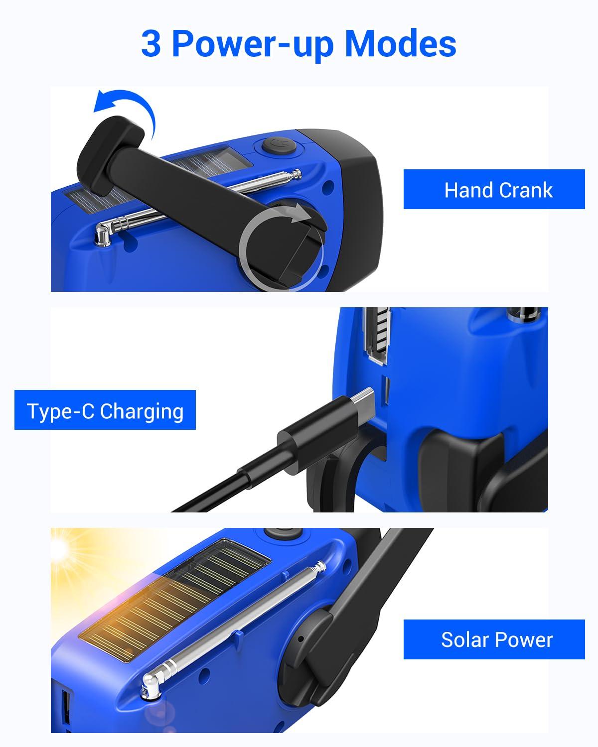 Esky Esky Emergency Hand Crank Radio with 3 LED Flashlight, AM/FM/NOAA Portable Weather Radio with 2000mAh Power Bank Phone Charger, Solar Powered USB Rechargeable Radio for Indoor Outdoor Camping, Blue