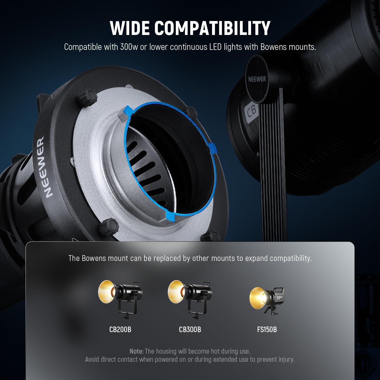 NEEWER NEEWER Spotlight Snoot with 20 Projection Lens, Adjustable Focus, 16 Metal Gobos 5 Color Gels, Bag, Conical Snoot for Bowens Mount LED Continuous Output Lighting Studio Video Light Up to 300W, LS-39