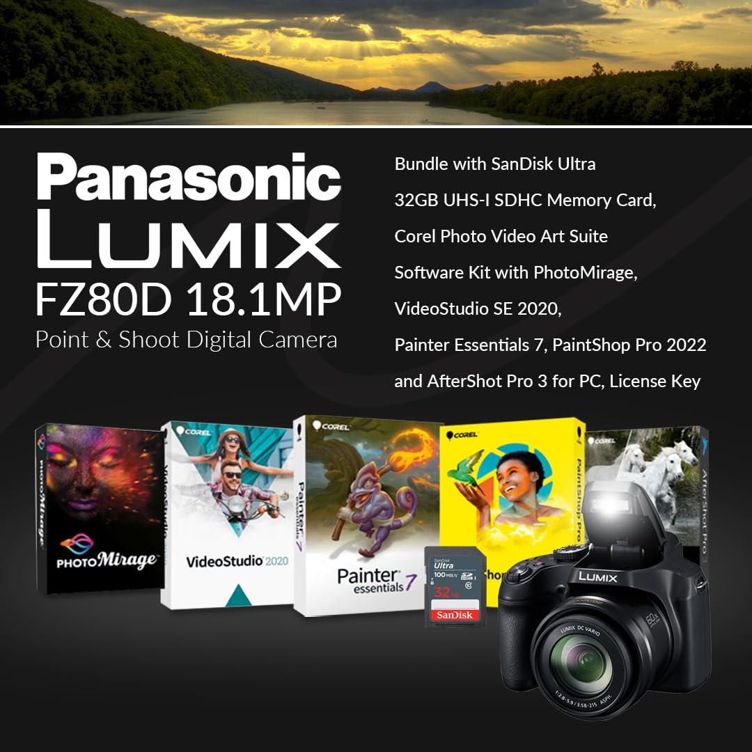Panasonic Panasonic Lumix DC-FZ80 4K Digital Camera, 18.1 Megapixel, 60x Zoom 20-1200mm Lens Bundle with Bag, 32GB SD Card, Corel PC Photo Editing Software Kit