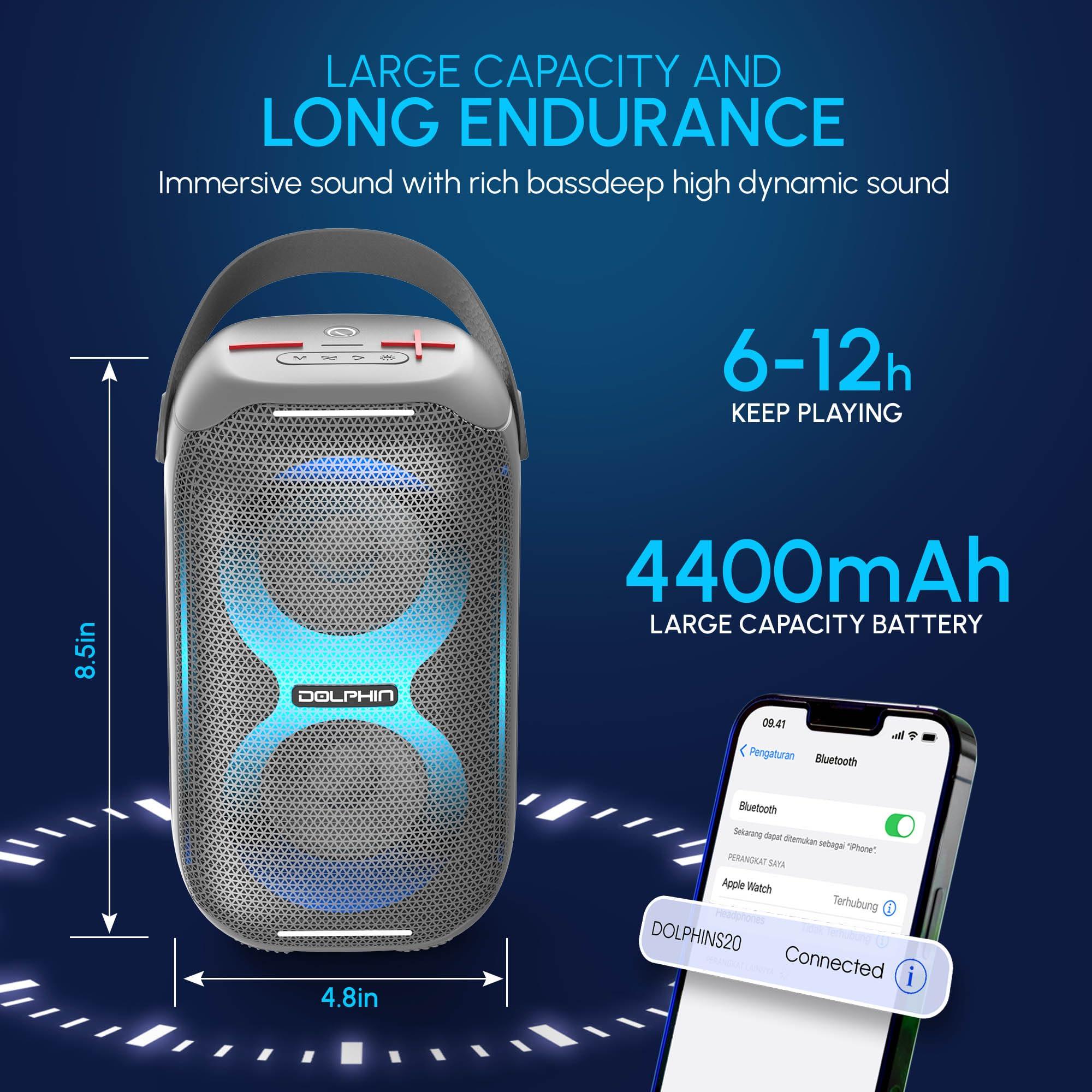 Dolphin Dolphin Portable Bluetooth Speaker - Loud & Compact Size, IPX5 Waterproof, Long-Lasting Battery - Ideal for Beach, Pool, Shower, Gym, Camping, Outdoors (Gray)
