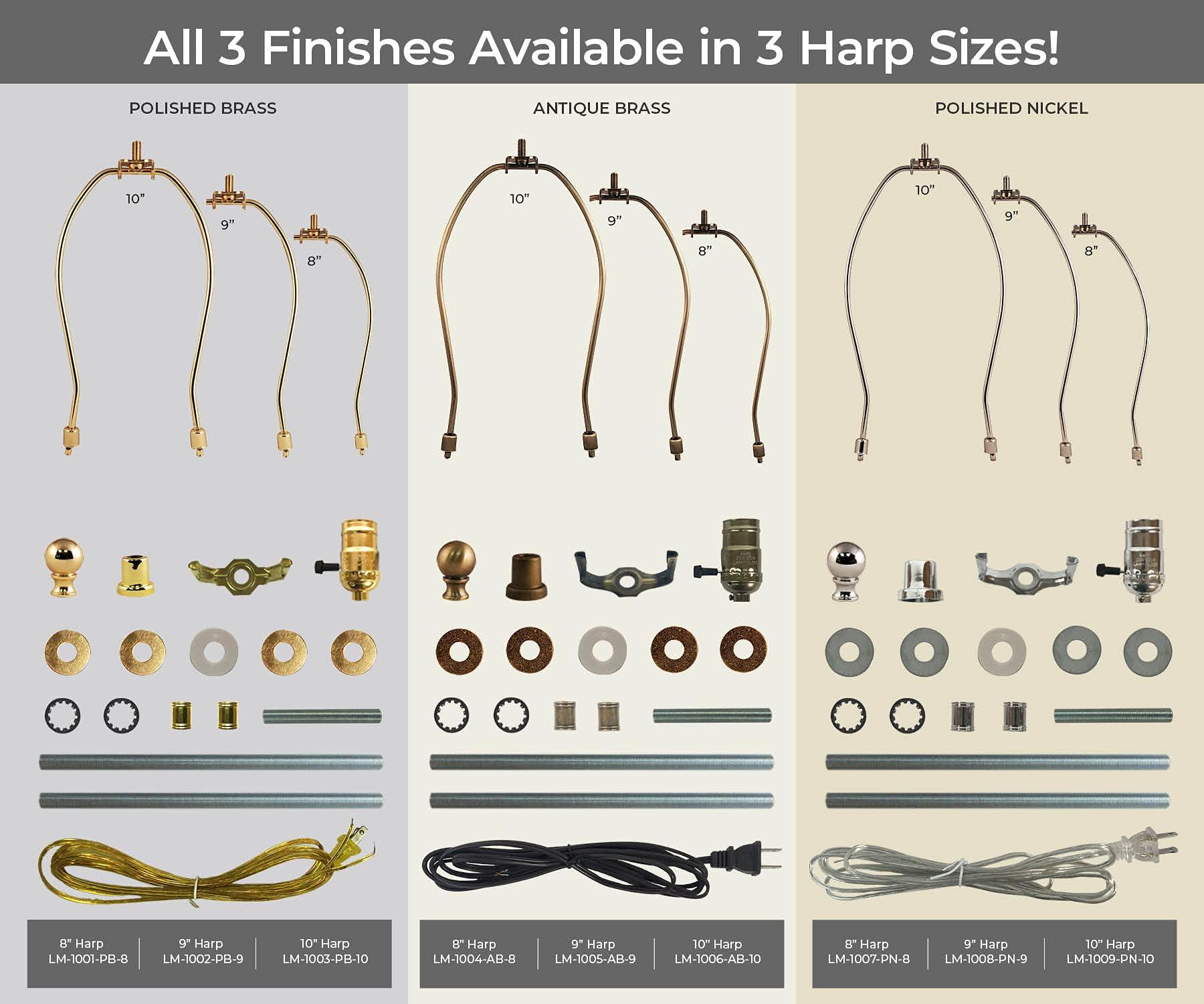 Royal Designs, Inc. Royal Designs DIY Lamp Making Kit - Make, Refurbish, and Repair Includes 3-Way Socket, 9" Harp, 8 ft Long lamp Cord & All Required Electrical Hardware - Polished Nickel