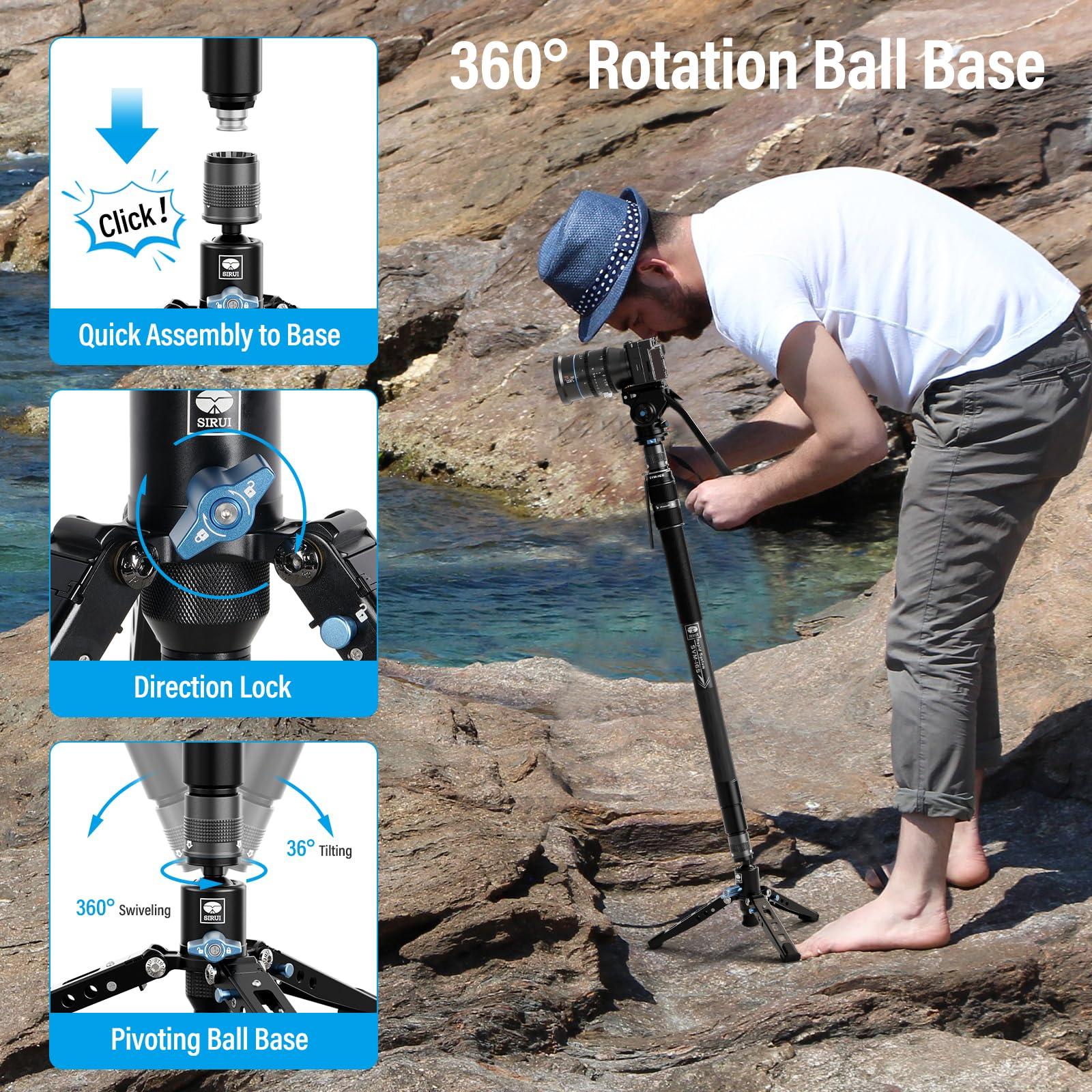 Sirui SIRUI SVM-145 Camera Monopod with Feet, 60.7" Professional Carbon Fiber Monopod with Fluid Video Head, One-Step Height Adjustment, Lightweight Travel Monopod for DSLR Camera, Modular, Max Load 22lbs