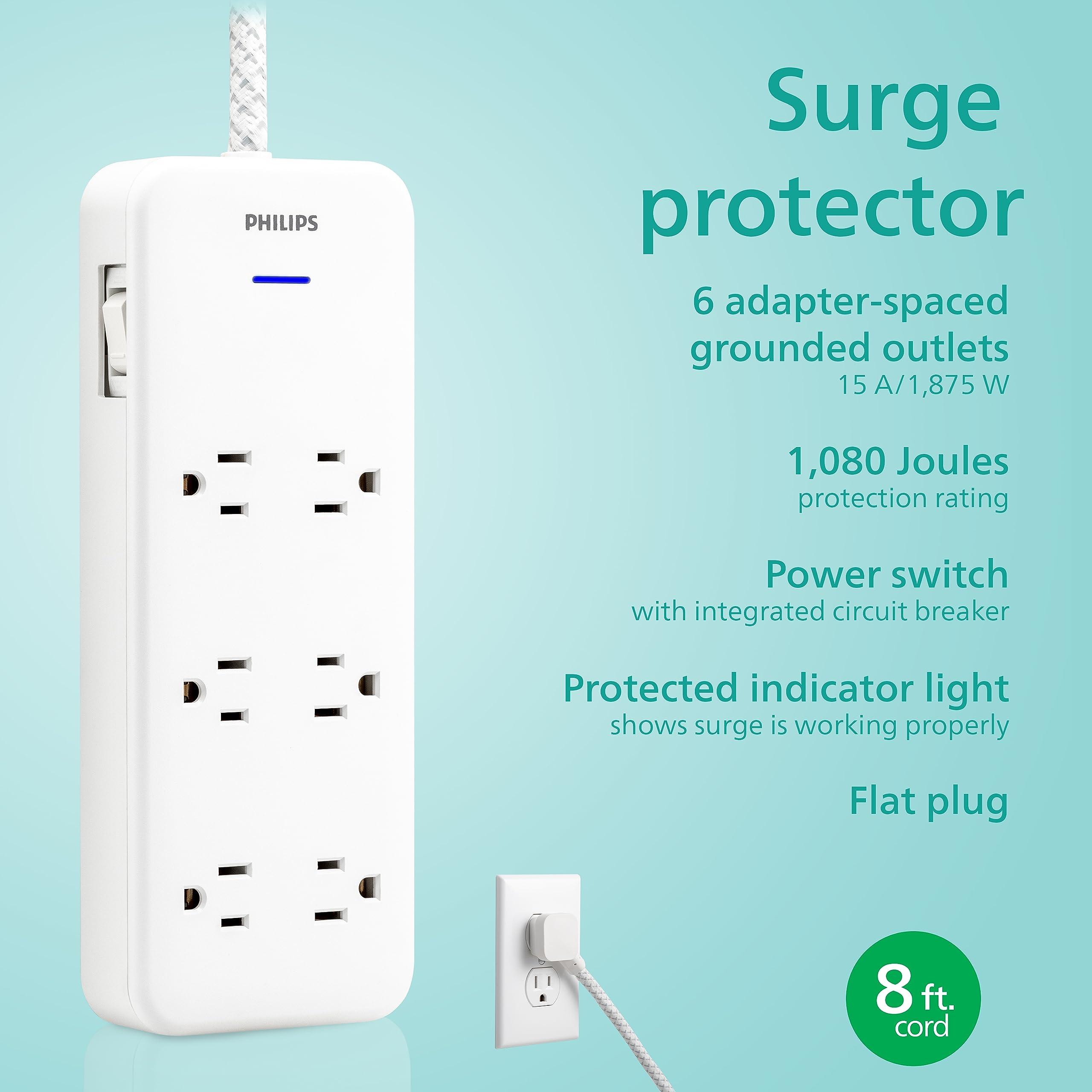PHILIPS Philips Accessories EZFit 6-Outlet Surge Protector Power Strip, 8 Ft Braided Extension Cord, Widely Spaced Outlets, 1080 Joules, Flat Plug, for Home Office Dorm Essentials, White, SPC6066WB/37