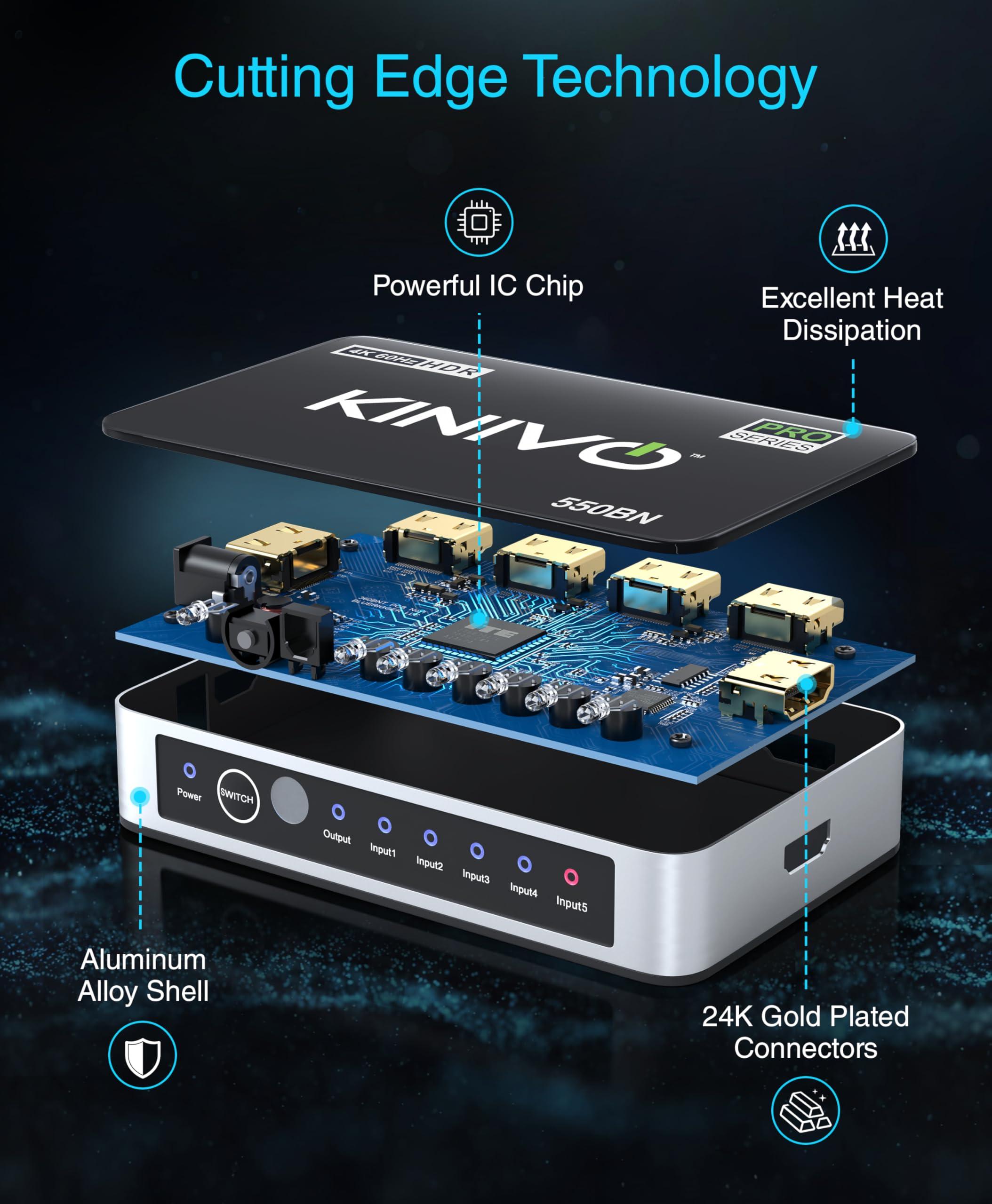 Kinivo Kinivo HDMI Switch 4K HDR 550BN (5 in 1 Out, 4K 60Hz HDR, HDMI 2.0, High Speed 18Gbps, IR Remote, HDCP) - Compatible with Roku, PS5, Xbox, Apple TV, Nintendo Switch, Cable Box