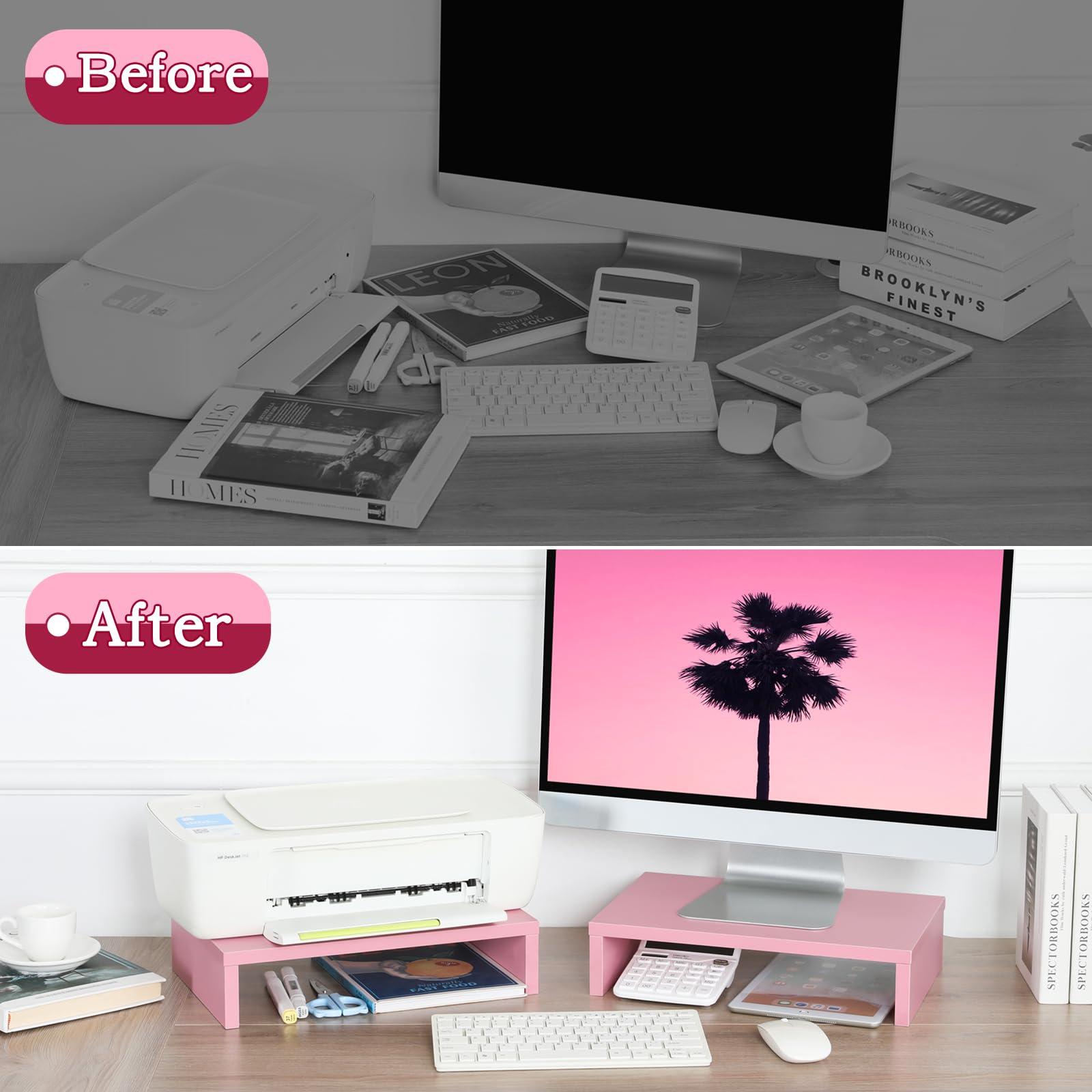 TEAMIX TEAMIX Pink Monitor Stand Riser-2 Pack,Wood 2 Tier Adjustable Monitor Stand Dual Monitor Riser for 2 Monitors/Laptop/PC Computer Stand for Desk