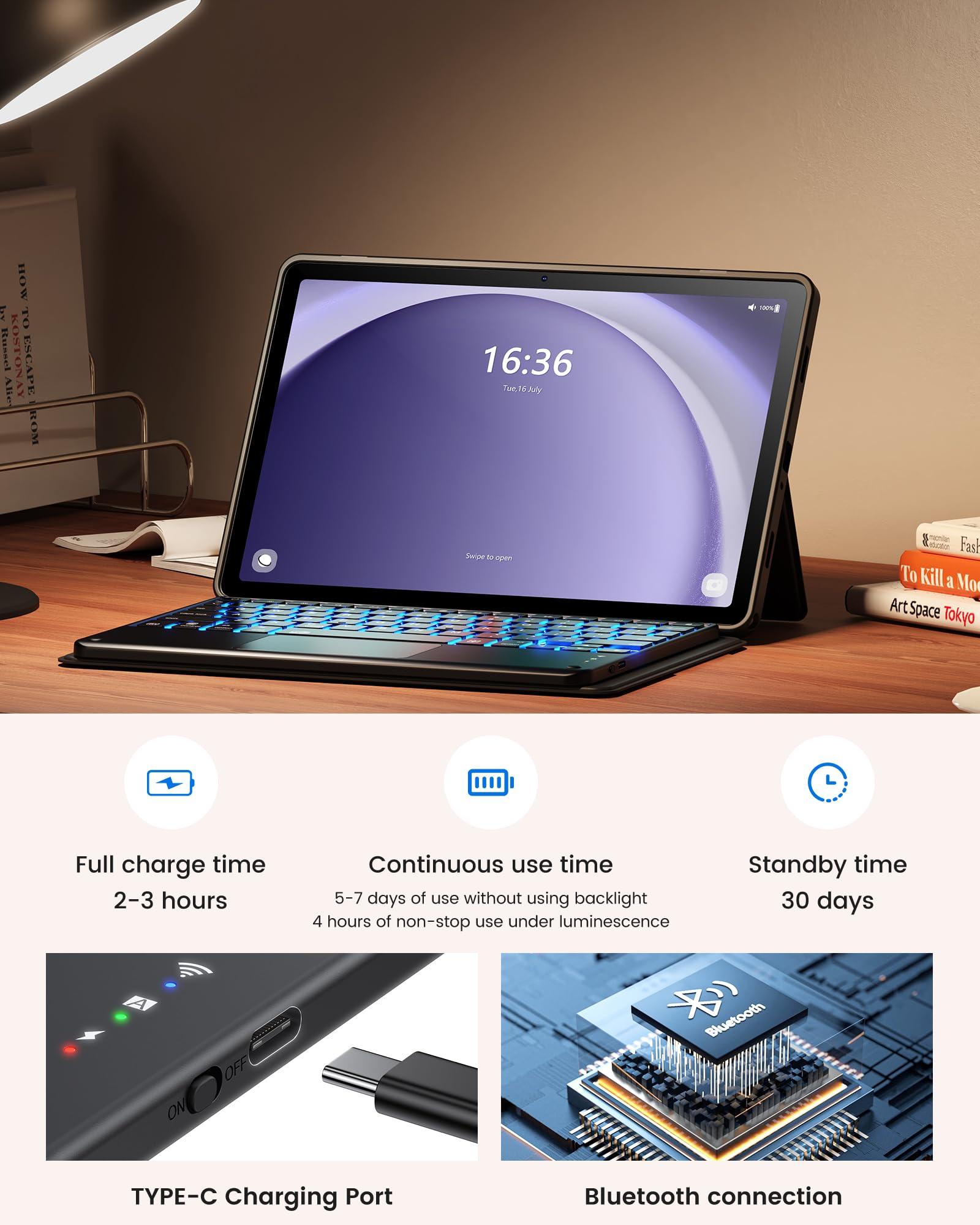INFILAND INFILAND Keyboard Case for Samsung Galaxy Tab A9+ 5G with 7-Color Backlight & High Precision Trackpad, Slim and Portable Detachable Folder Style Keyboard Case for Tab A9 Plus 11 inch, Black