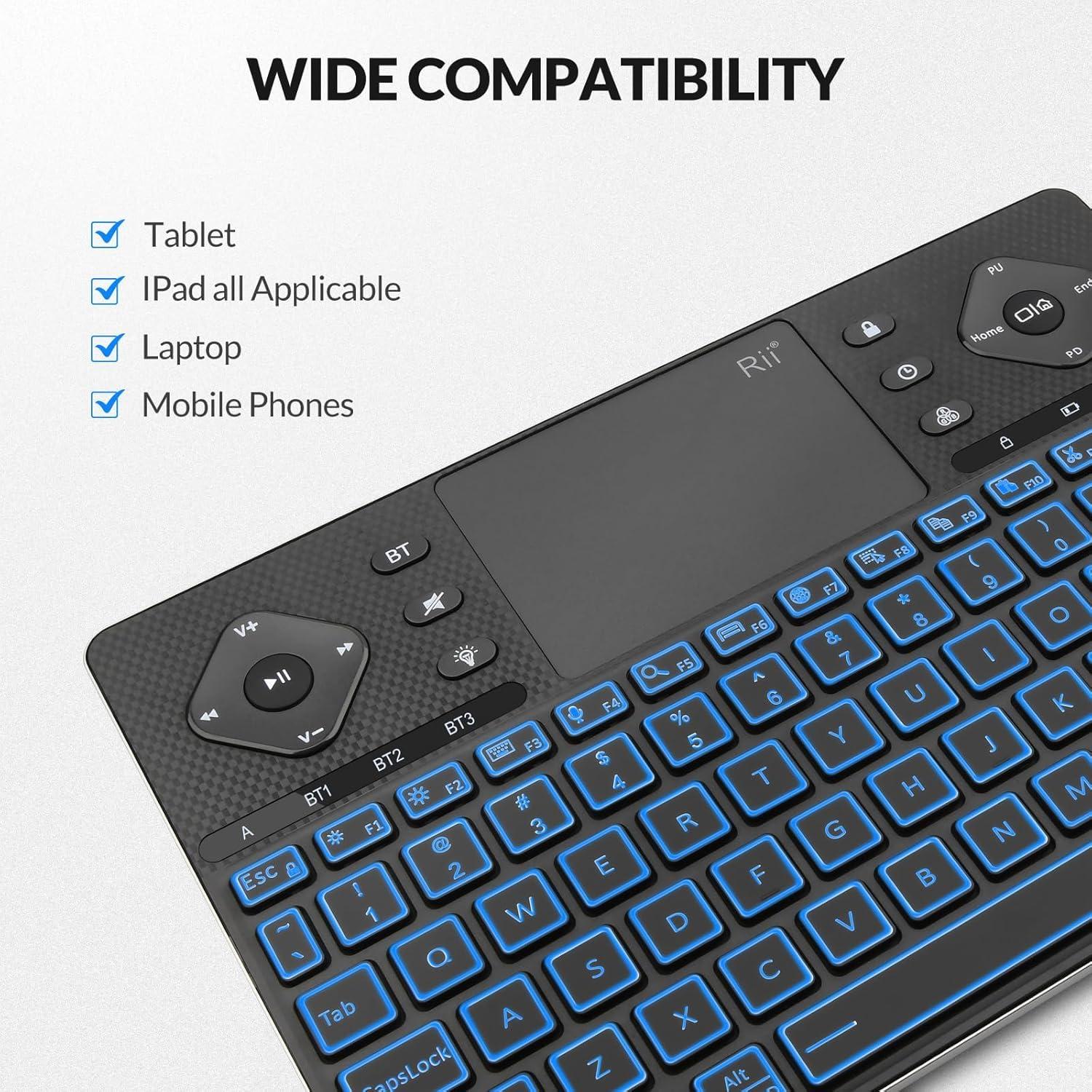 Rii Rii Wireless Keyboard K16,Bluetooth Keyboard with Touch Pad, Rechargeable Keyboard with RGB Backlit,Multimedia Compact Keyboard for Android TV,Projector,HTPC,Smart TV,Tablet,iPad,PC,Laptop